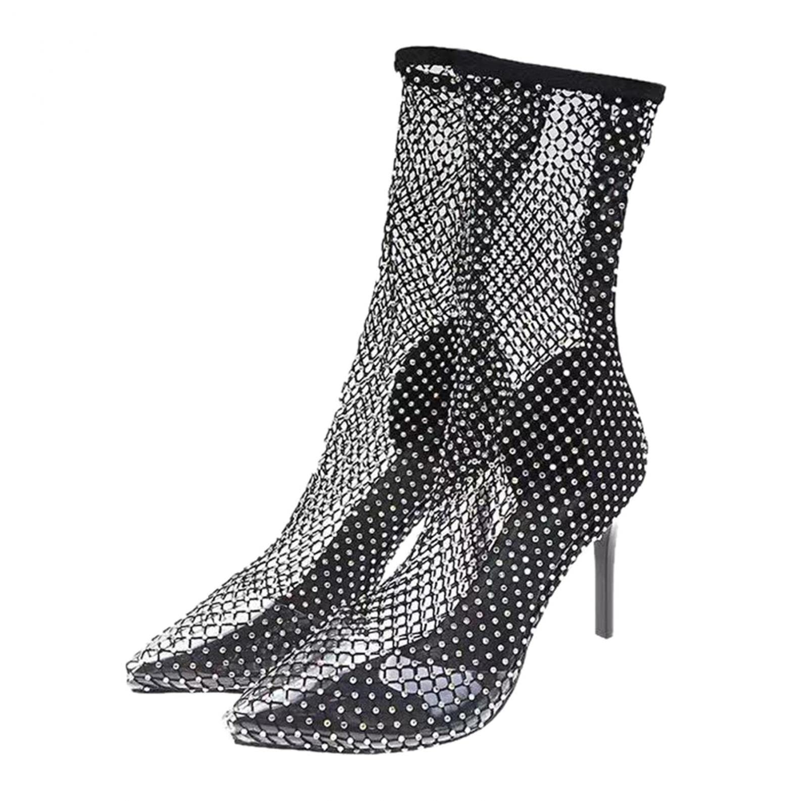 Sexy Women's Transparent Black Sheer Mesh Glitter Rhinestone Pointed Toe Stiletto High Heel Ankle Booties - Clear Mid Calf Dress Pump Boots for Wedding, Banquet, Party & Night Out