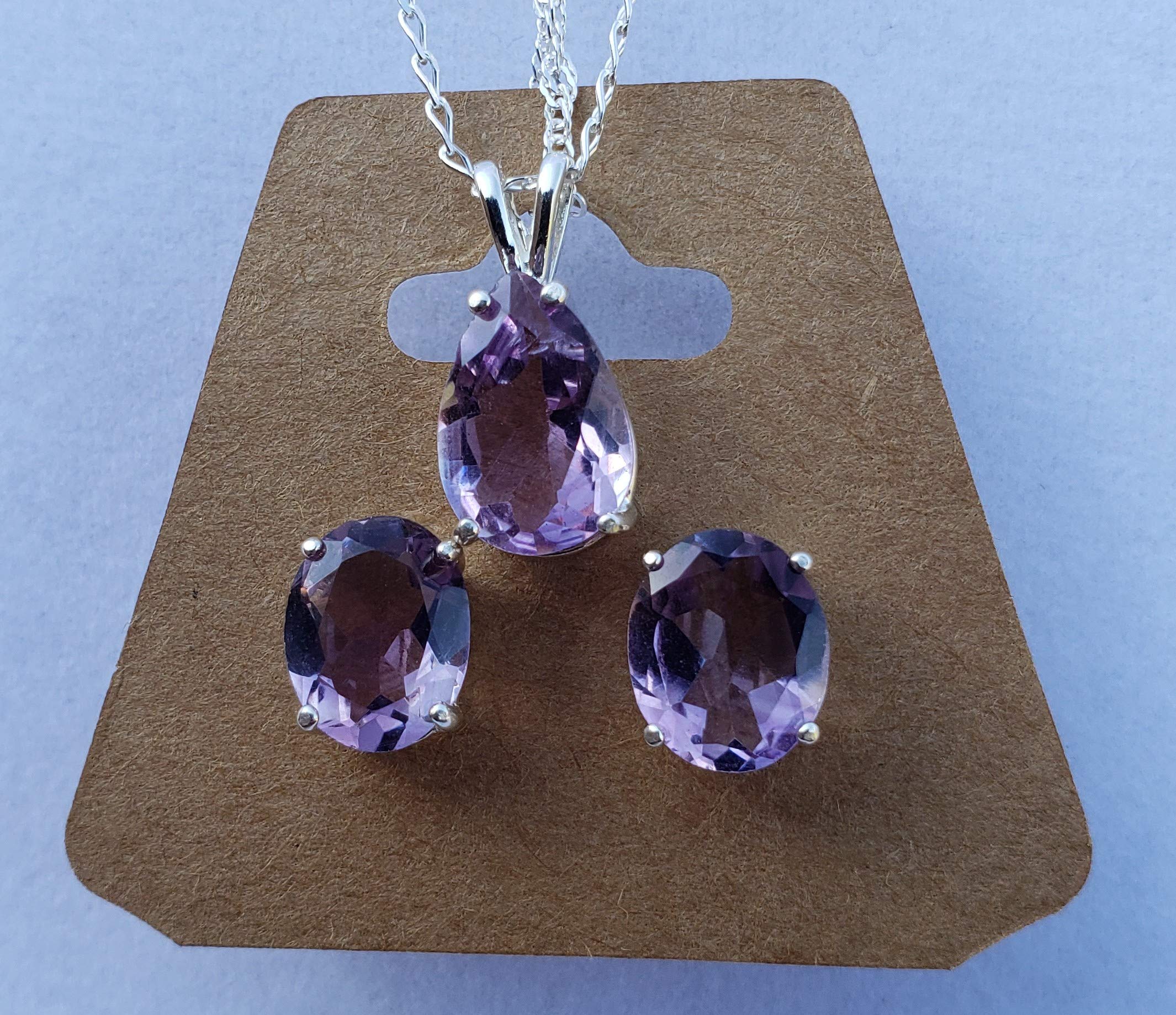 Natural Amethyst Sterling Silver Earrings & Necklace Set for Women - Elegant Purple Crystal Jewelry Gift for Birthday, Anniversary & Special Occasions