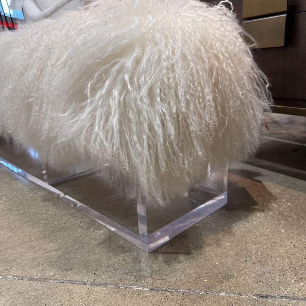 Soft Faux Fur Bench with Acrylic Base - White Modern Accent Seat 58