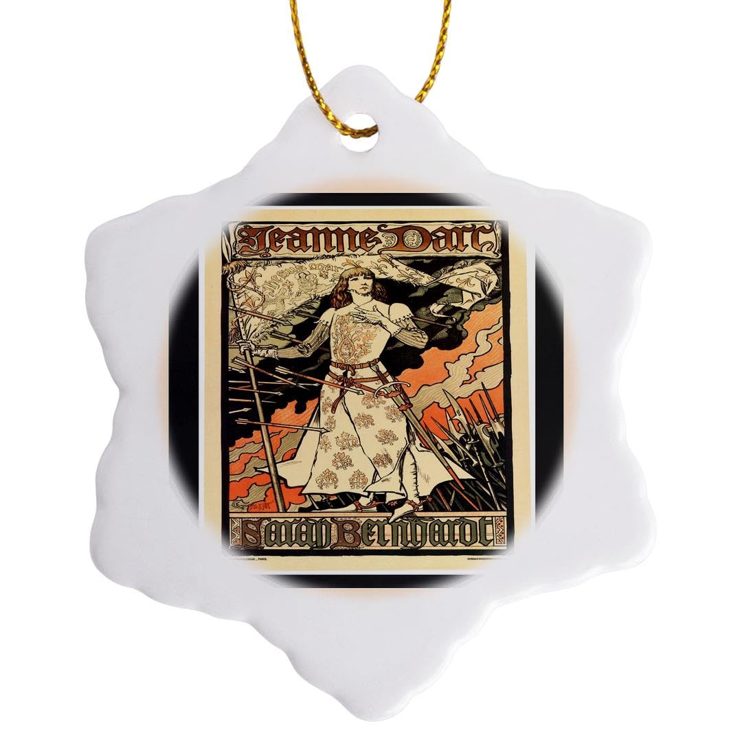 3D Rose Joan of Arc Art Nouveau Poster - Peach & Black Framed Snowflake Ornament (3 Inch) - Vintage Wall Decor for Home, Office, or Gift Giving