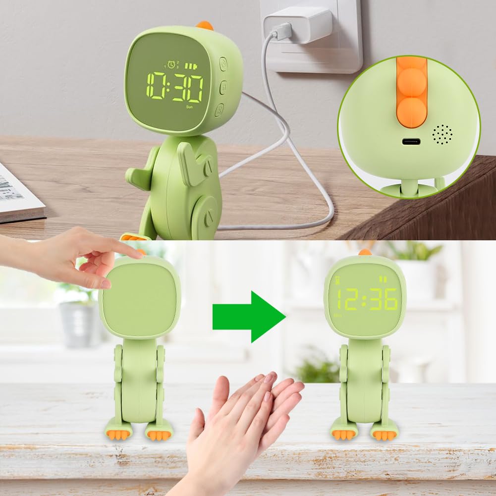 LOMUG Digital Alarm Clock for Kids - Rechargeable Dinosaur Learning Clock with 6 Wake-Up Sounds, Snooze, Night Light, Adjustable Brightness & Volume - Perfect for Boys & Girls Bedrooms, Nursery, or Travel