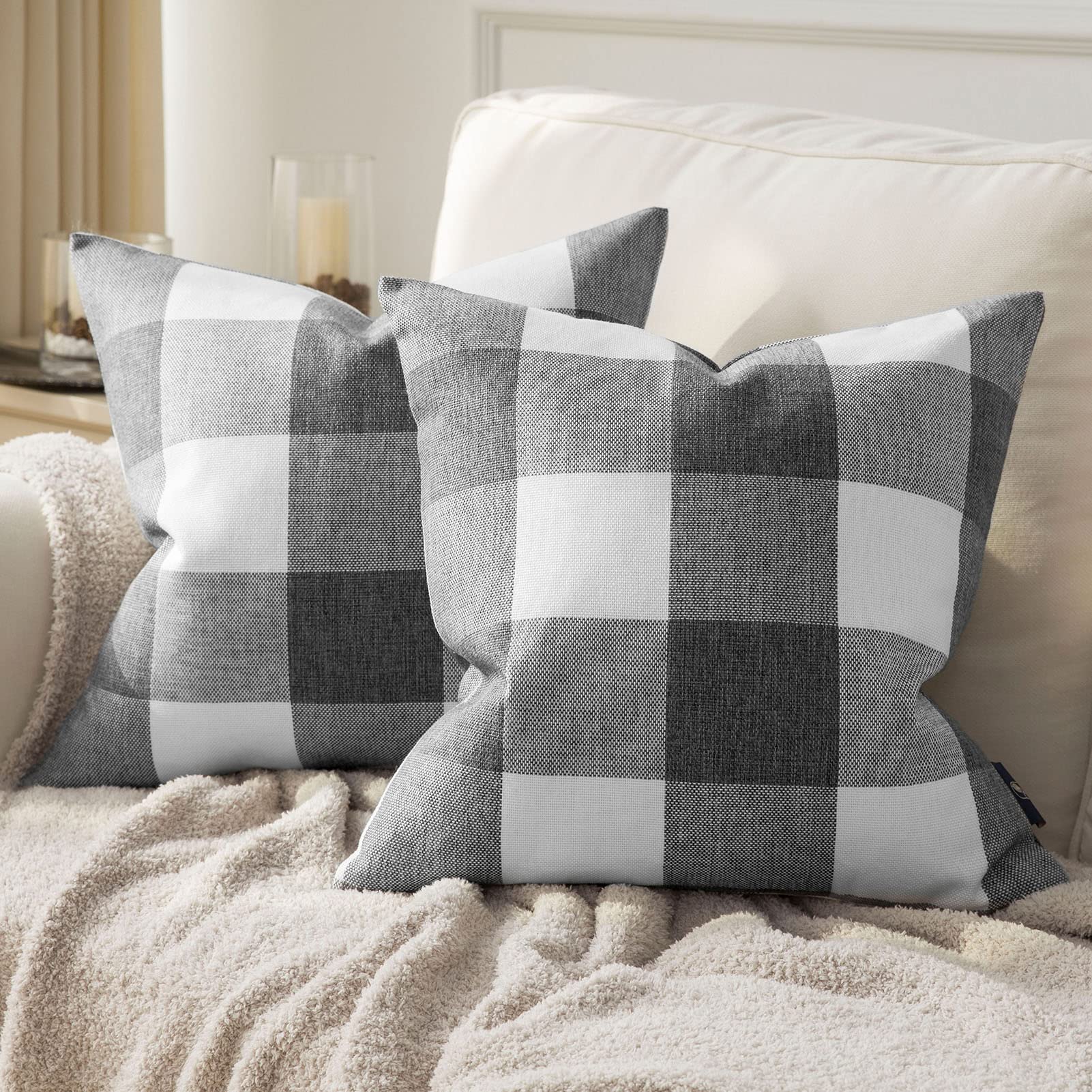 Phantoscope Pack of 2 Grey Gingham Buffalo Check Plaid Throw Pillow Covers 18x18 Inches - Farmhouse Decorative Square Pillow Cases for Sofa, Bed, Couch Indoor & Outdoor Use - Home Decor Accent Pillows