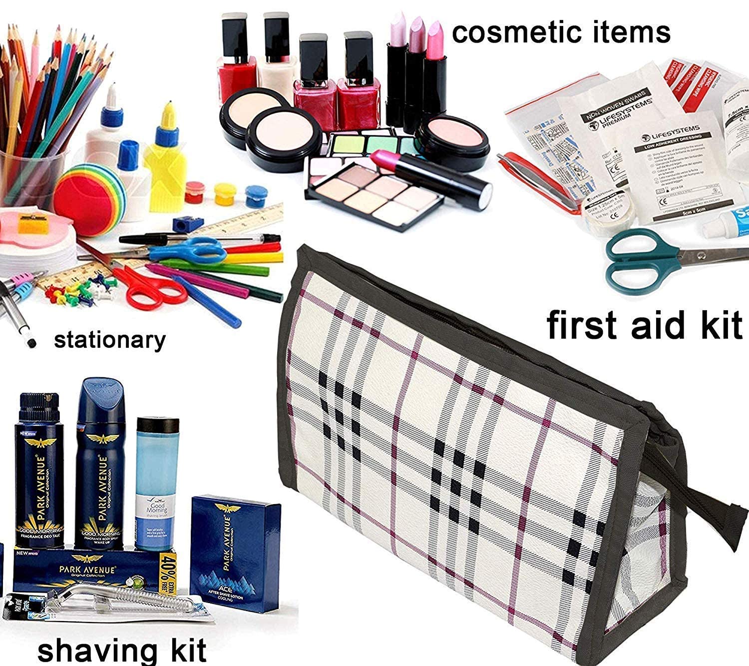 Flywind 3-Piece Cosmetic Bag Set - Waterproof Toiletry Organizer & Makeup Pouch for Women & Men | Travel Essentials for Bathroom, Gym, Camping (Black Checkered Pattern)