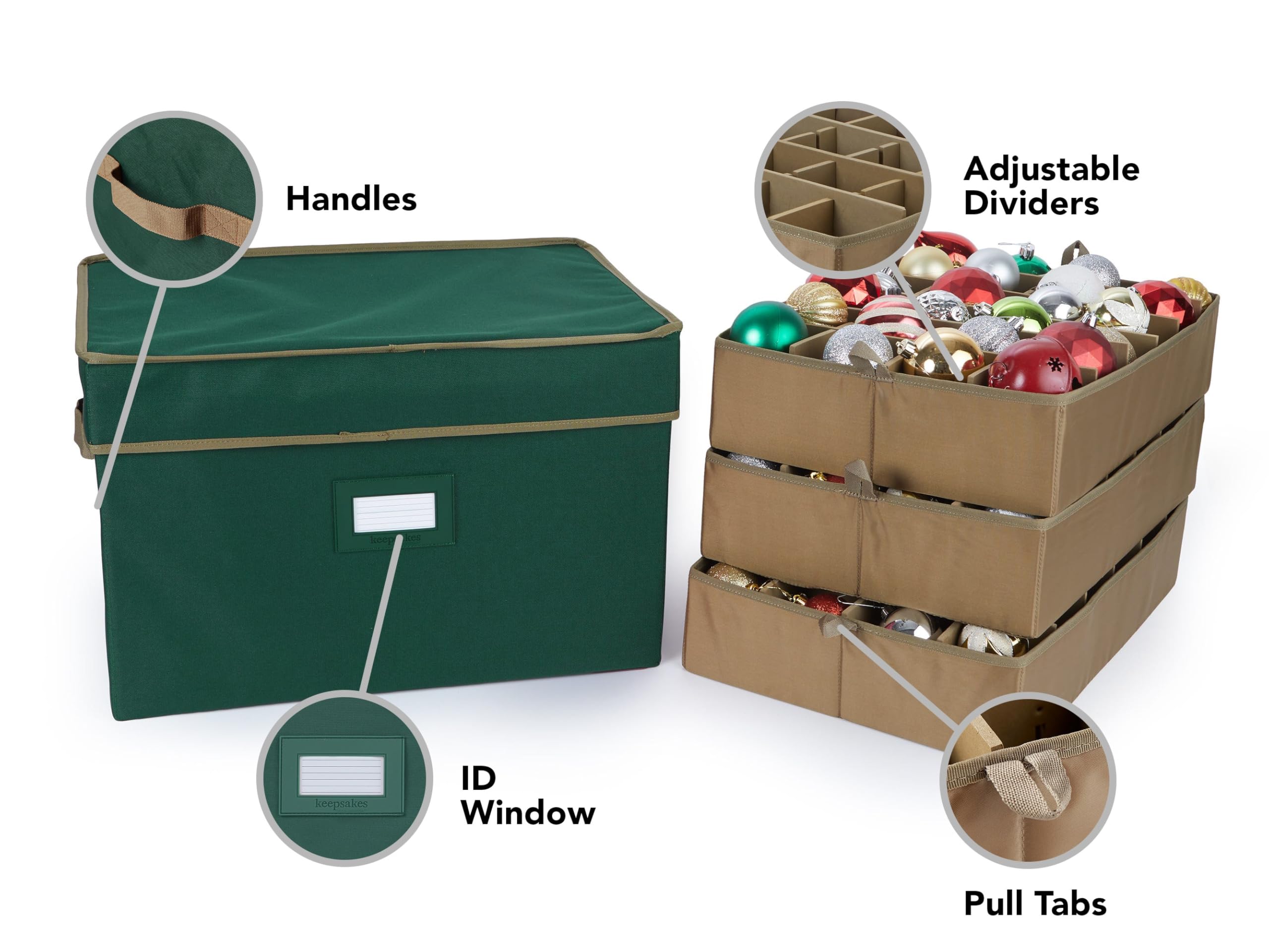 Covermates Keepsakes Adjustable Ornament Storage Box with Carrying Handles & Padded Protection - Holiday Decor Organizer for Christmas Tree Ornaments, Wreaths & Seasonal Decorations (Green)