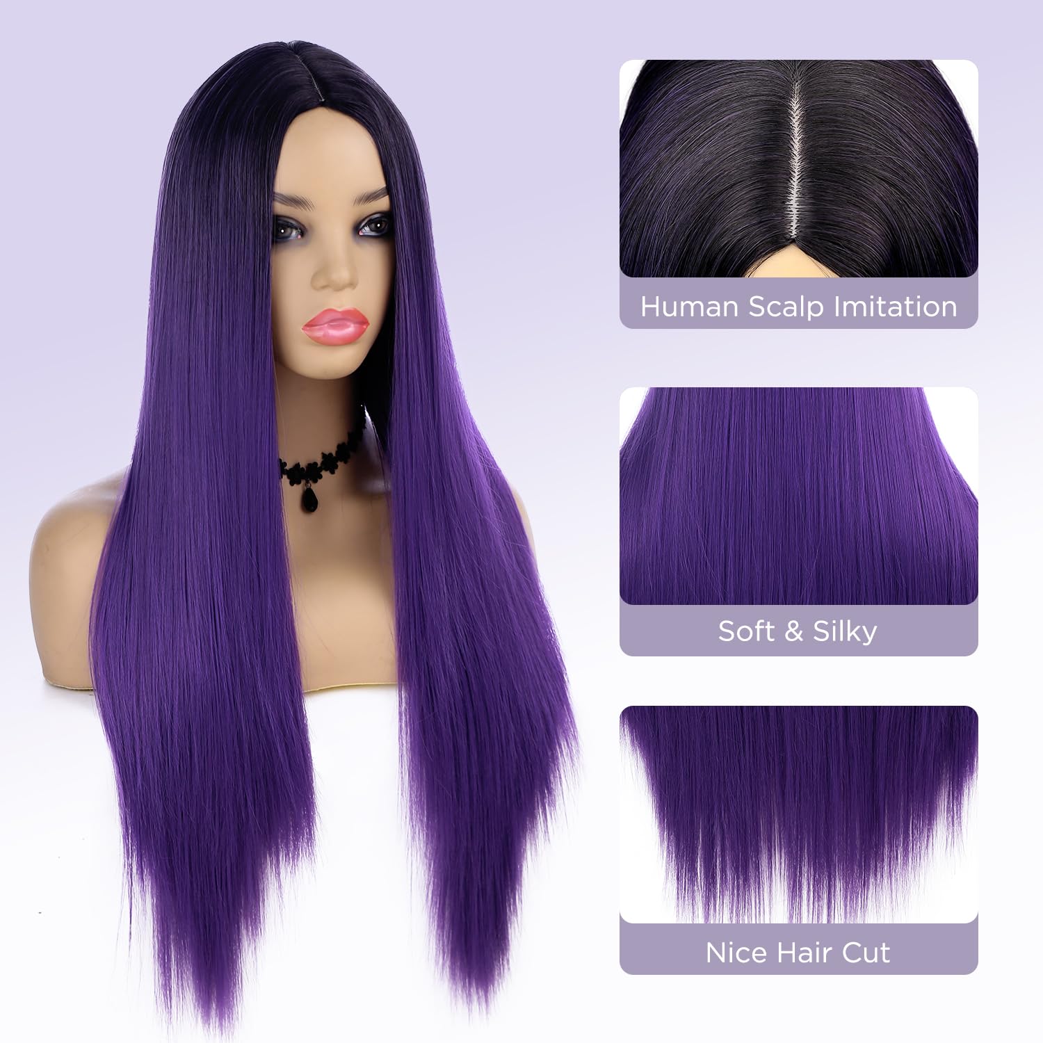 WIGER 26 Inch Straight Purple Wig for Women - Long Dark Purple Ombre Black to Purple Synthetic Hair Wig with Middle Part, Heat Resistant for Cosplay, Halloween, Parties & Daily Fashion