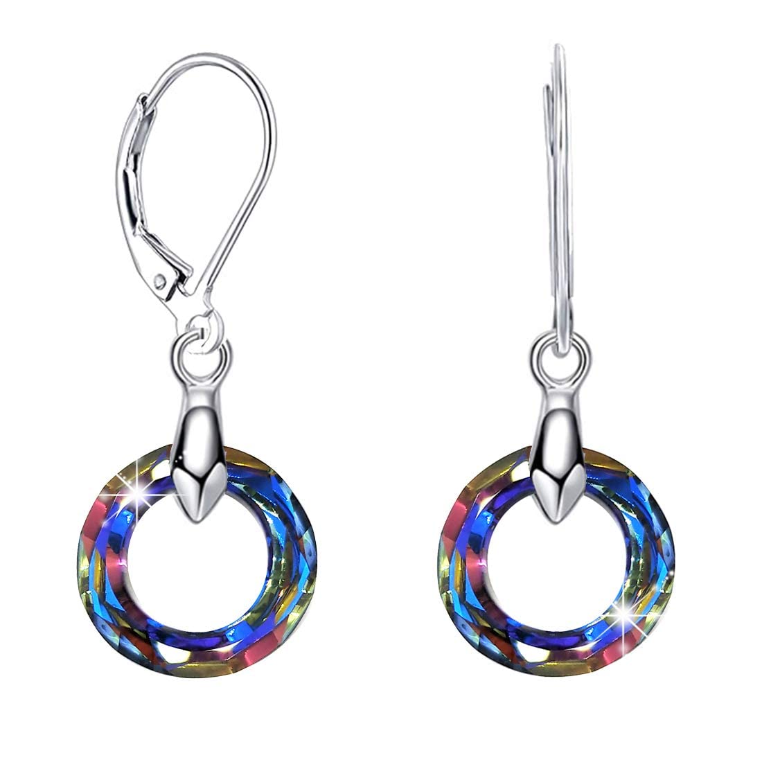 925 Sterling Silver Circle Earrings with Austrian Crystals - Hypoallergenic Leverback Dangle Earrings for Women & Mom - Perfect for Weddings, Parties & Everyday Wear