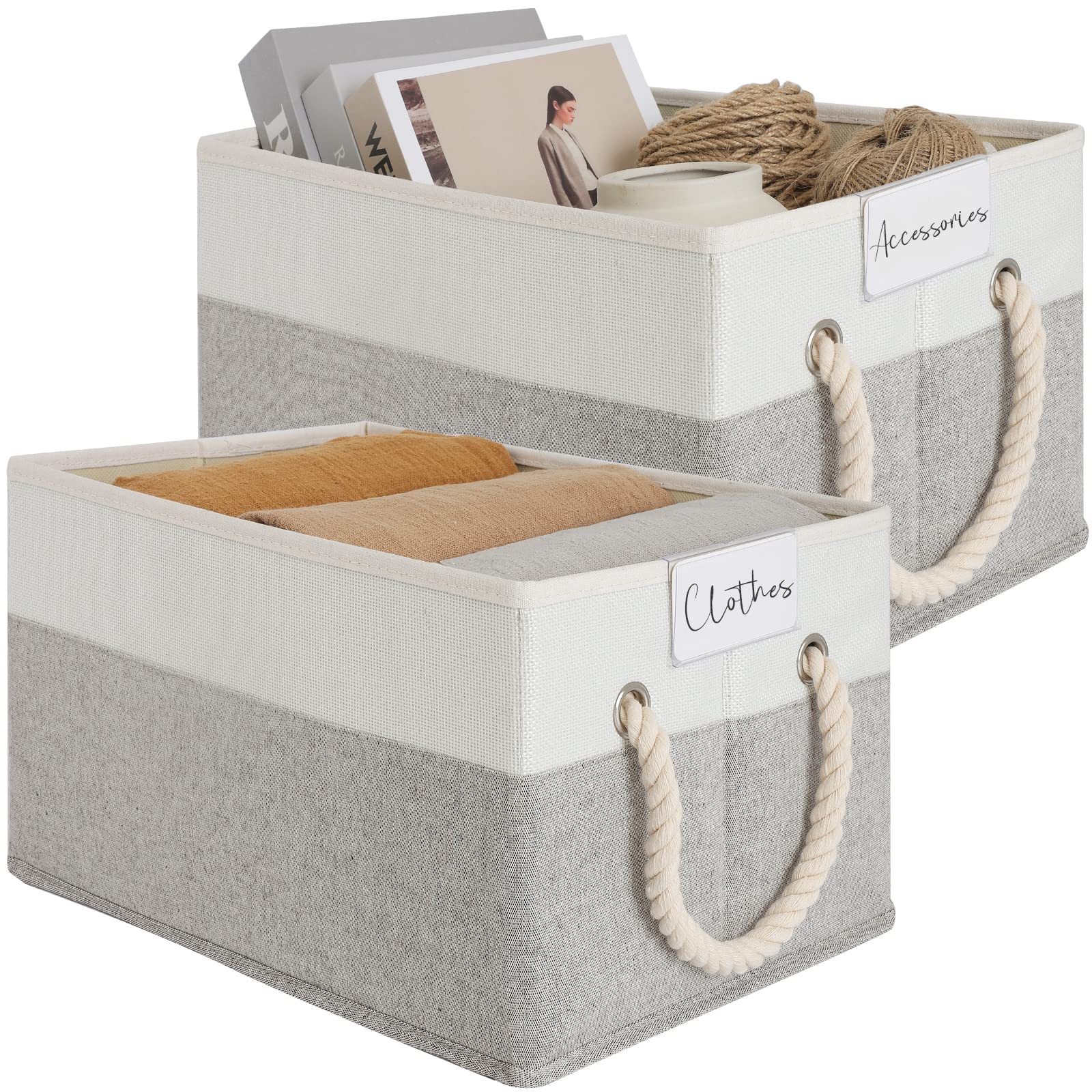 Foldable Fabric Storage Baskets for Shelves & Closet - Large Canvas Organizer Bins with Cotton Rope Handles (Beige & Gray, 2-Pack) - Perfect for Clothes, Toys & Home Organization