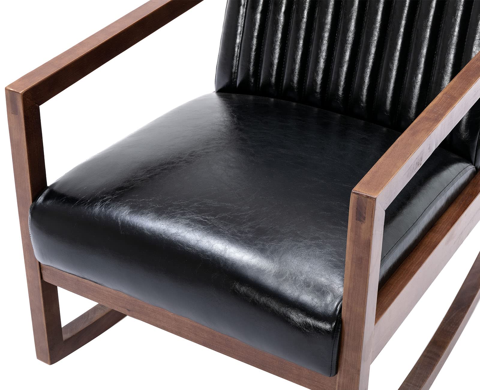 VESCASA Mid-Century Modern Upholstered Rocking Chair - Channel-Tufted Back, Oil Wax PU Leather & Black Walnut Wood Frame - Comfortable Nursery, Living Room, Bedroom Rocker (Black) | Perfect for Nursing, Relaxing & Home Decor