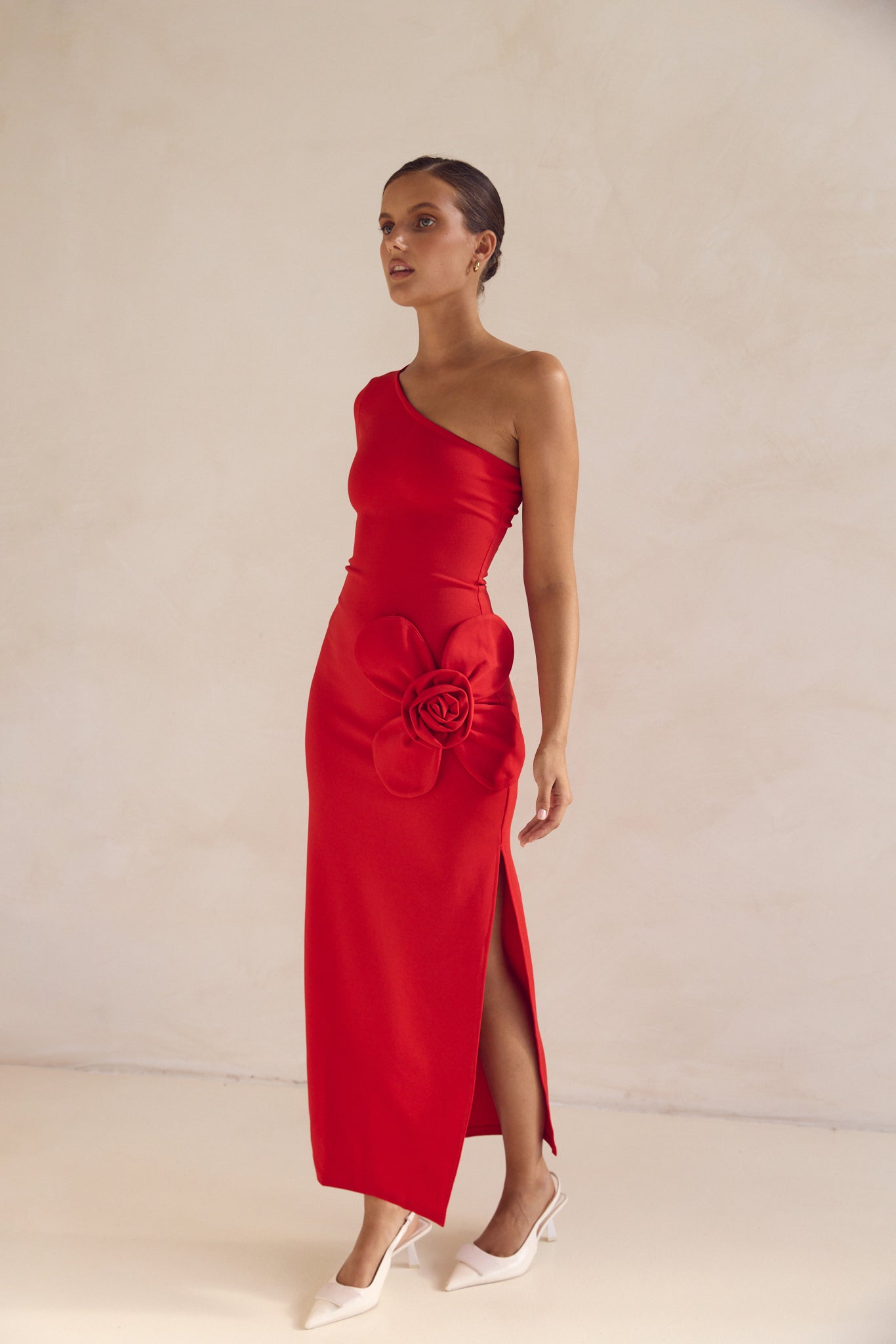 Elegant Ruby Red One Shoulder Maxi Dress for Women - Perfect for Evening Parties, Weddings & Special Occasions