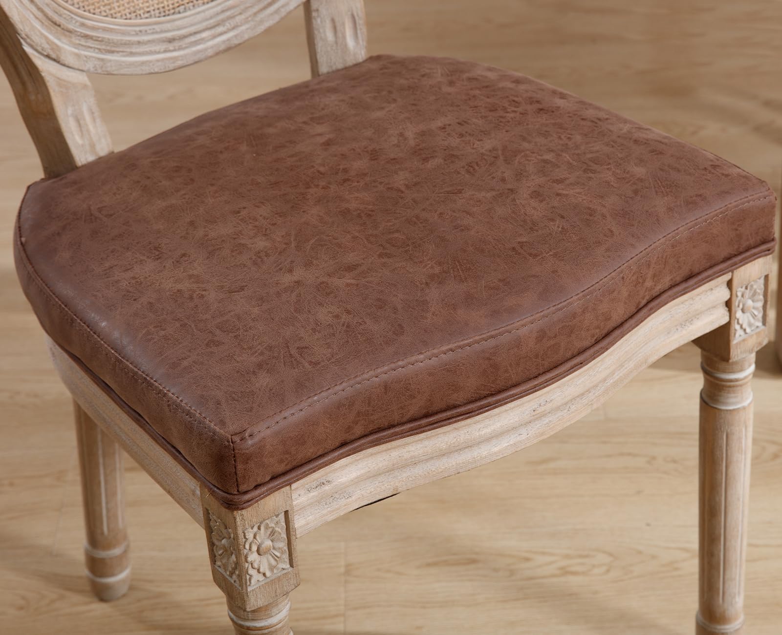 Farmhouse Rattan Dining Chairs Set of 2, Brown Leather French Country Style Round Back Side Chairs for Kitchen, Restaurant, Dining Room & Living Room - Perfect for Indoor Dining, Entertaining Guests & Home Decor