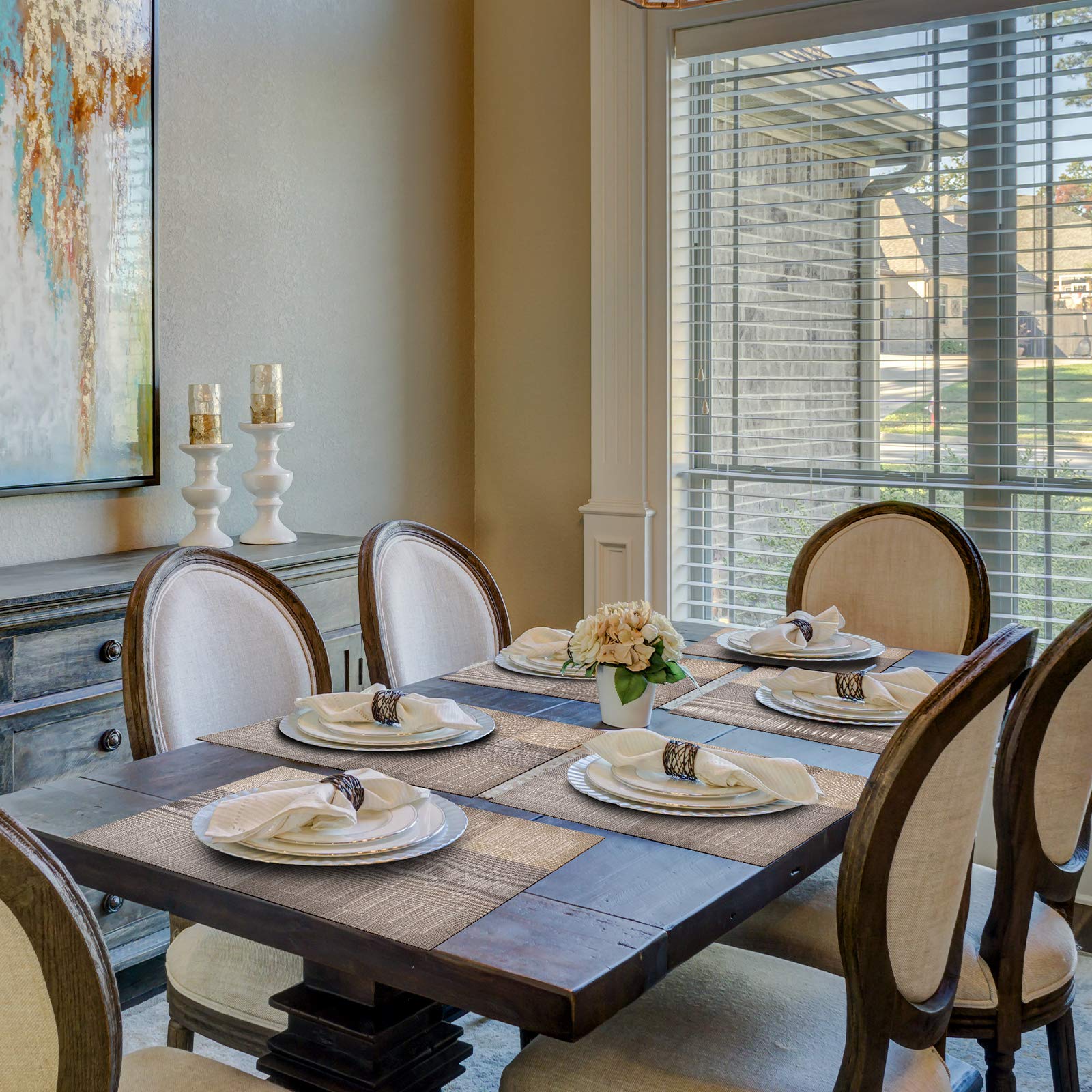 Aofmee Heat Resistant PVC Placemats Set of 6 - Non-Slip, Stain Resistant & Washable Vinyl Table Mats for Dining & Kitchen - Perfect for Everyday Meals, Dinner Parties & Holiday Gatherings