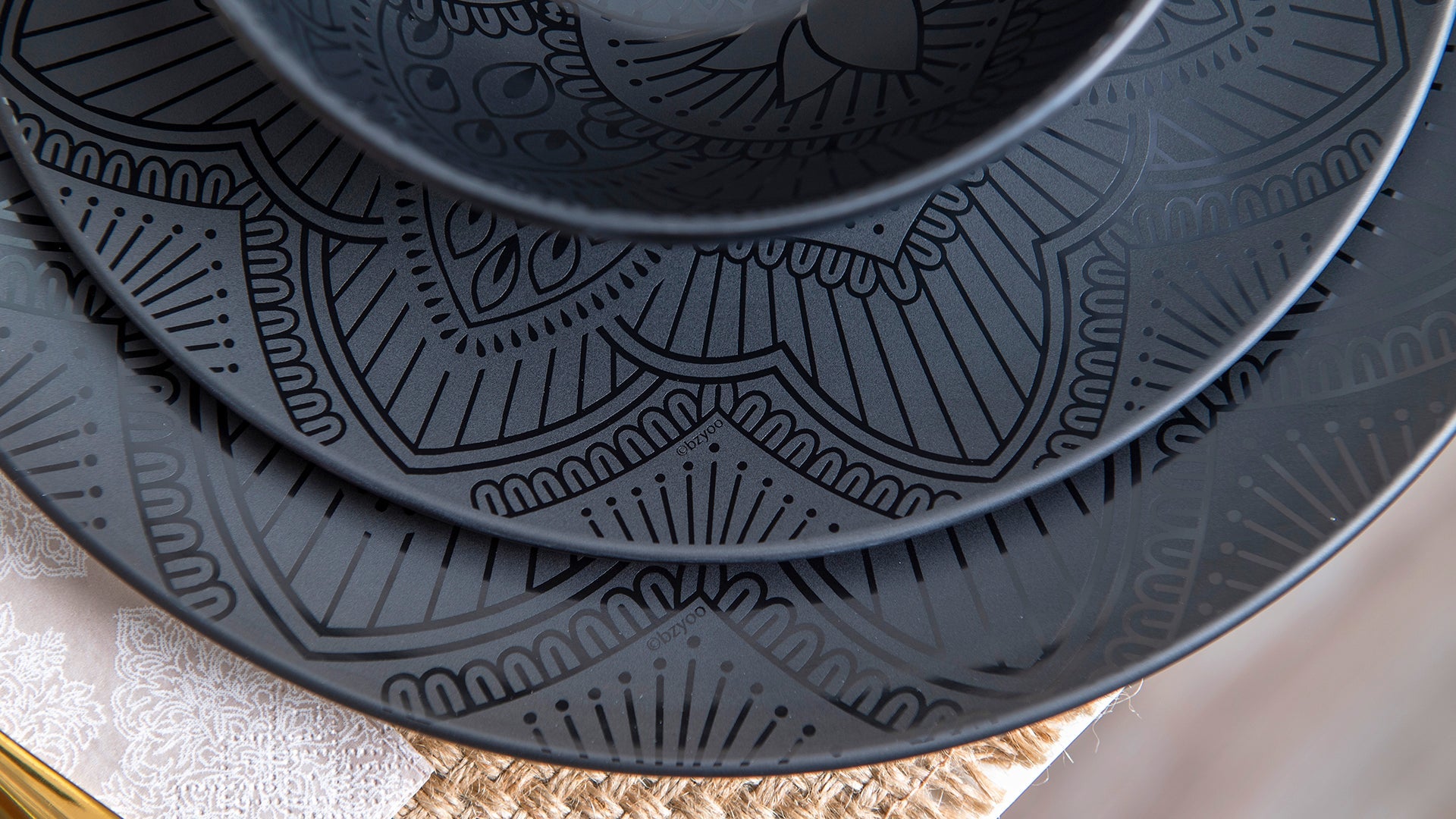 12-Piece La La Mandala Melamine Dinner Plate & Bowl Set - Black - Durable & Stylish for Outdoor Picnics, Camping, and Party Dining