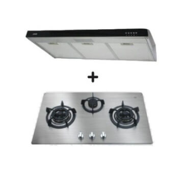 Ellane 60cm/90cm Slimline Range Hood with Black Panel - EH 9280 + Ellane OS 803SV 86cm 3-Burner Gas Cooktop - Modern Kitchen Ventilation System for Home Cooking and Grilling