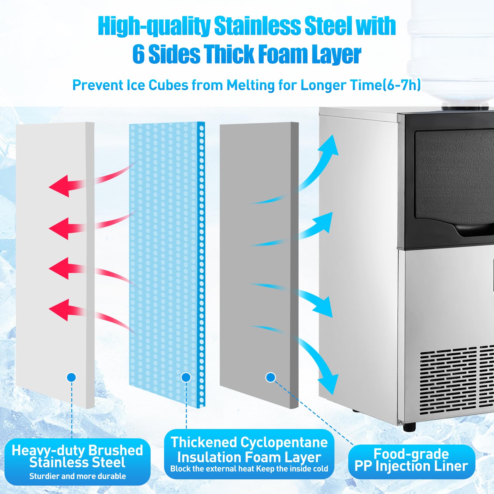 140LBS/24H Commercial Ice Maker Machine with 2 Water Inlets, Freestanding Ice Machine with 22 lbs Storage Bin - Includes Ice Scoop & Water Filter - Perfect for Home, Office, Restaurant, Bar, Cafe & Commercial Use