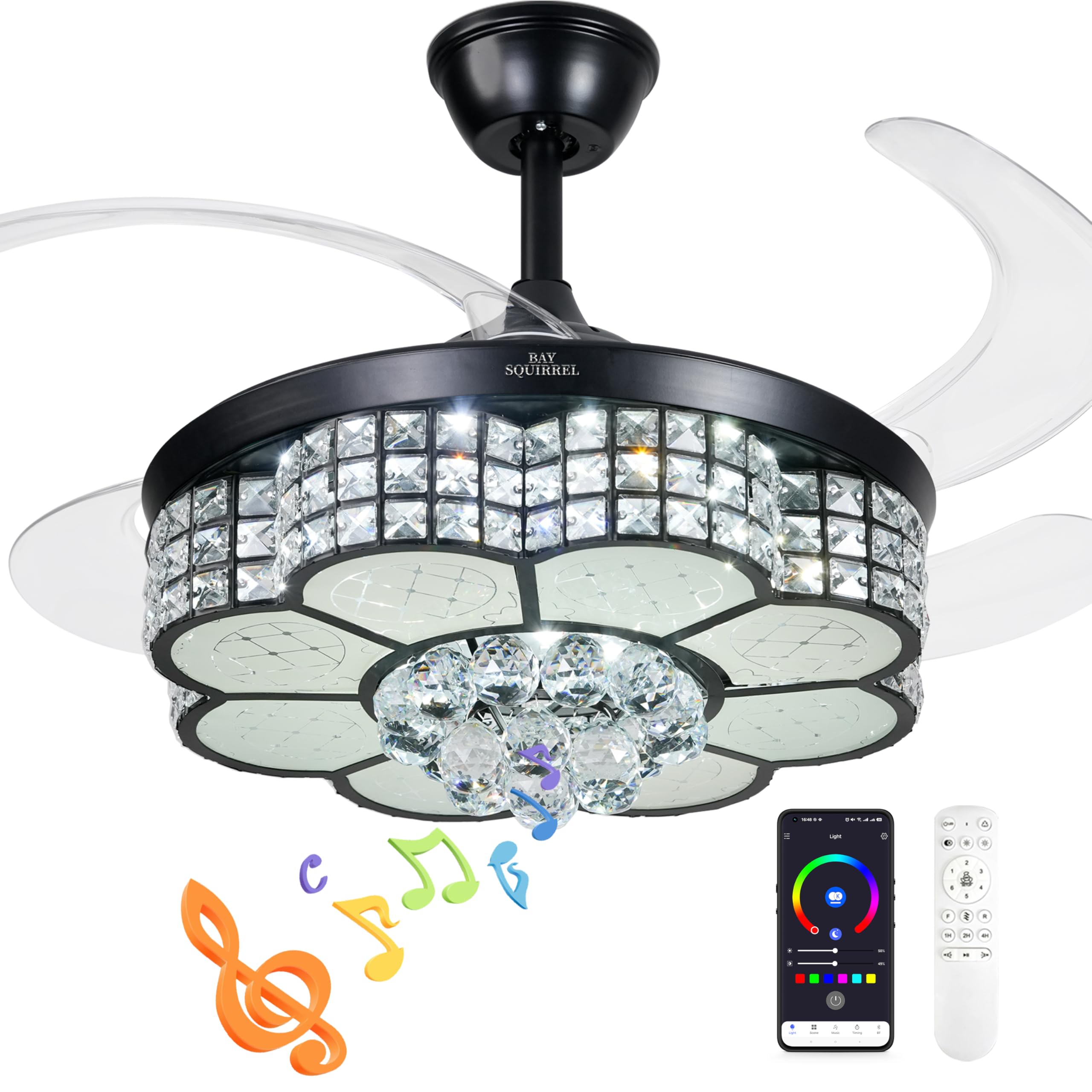 BAYSQUIRREL Retractable Crystal Ceiling Fan with Light - Bluetooth Smart Ceiling Fan with Speaker, Remote & App Control, 6 Speed Reversible Blades, RGB LED Dimmable Chandelier - Perfect for Living Room, Bedroom, and Dining Room