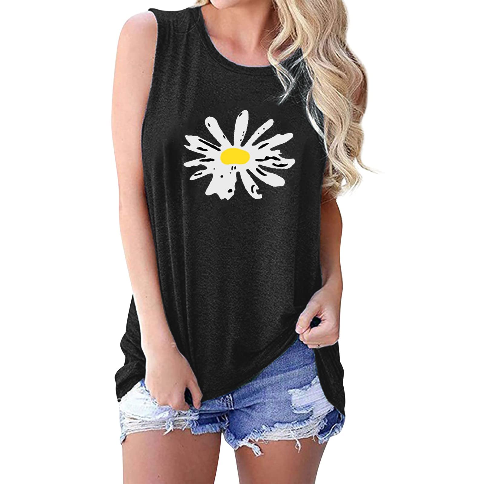 Women's Sleeveless V-Neck Daisy Print Tank Top - Loose Fit Cute Floral Graphic Yoga Shirt for Summer Workout & Casual Wear (Black, Size S) | Perfect for Gym, Beach, Running & Everyday Outfits