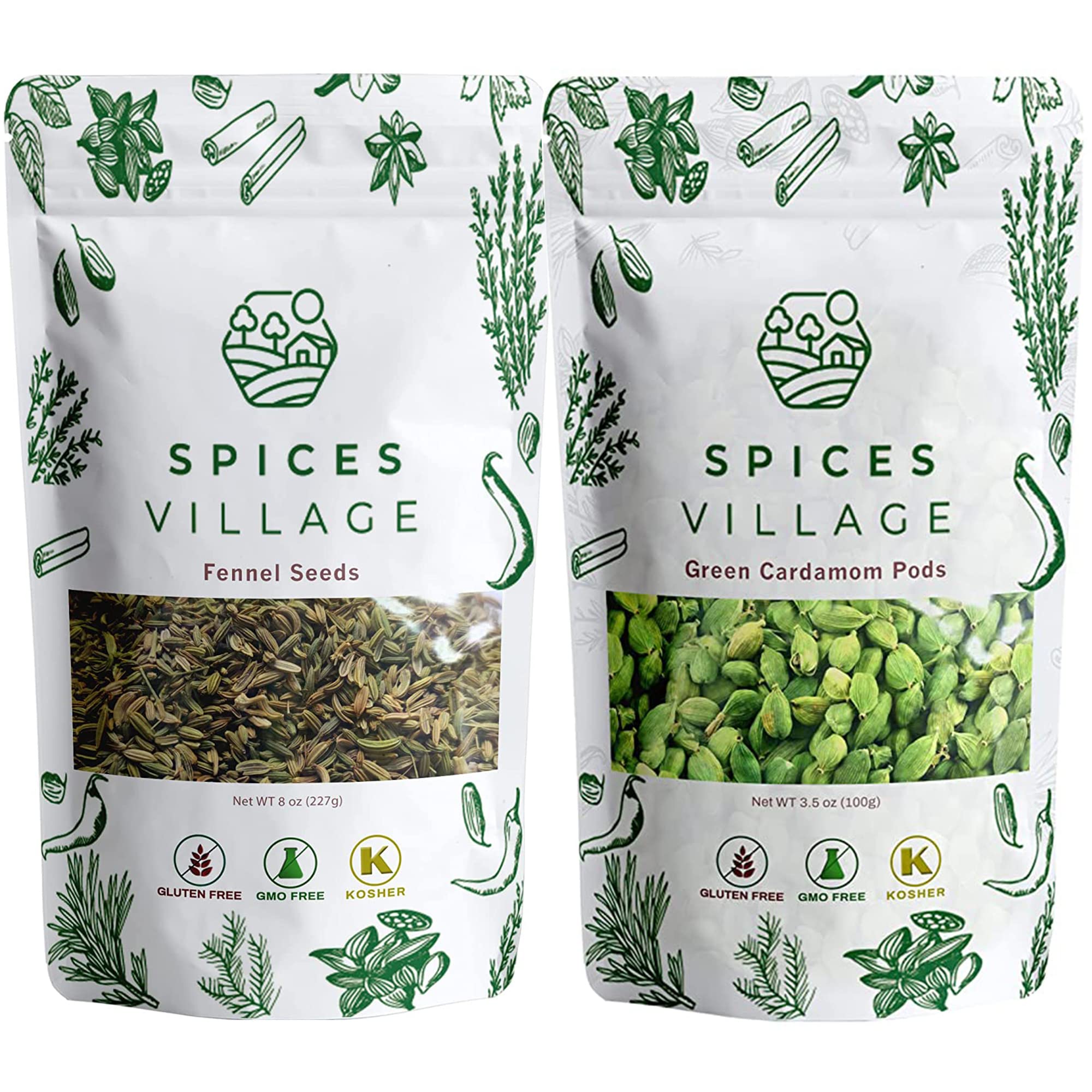 Premium Green Cardamom Pods (3.5oz) & Fennel Seeds (8oz) - Kosher Certified, Gluten Free, Non-GMO, Resealable Bulk Bags - Perfect for Baking, Tea, Indian Cooking & Spice Blends
