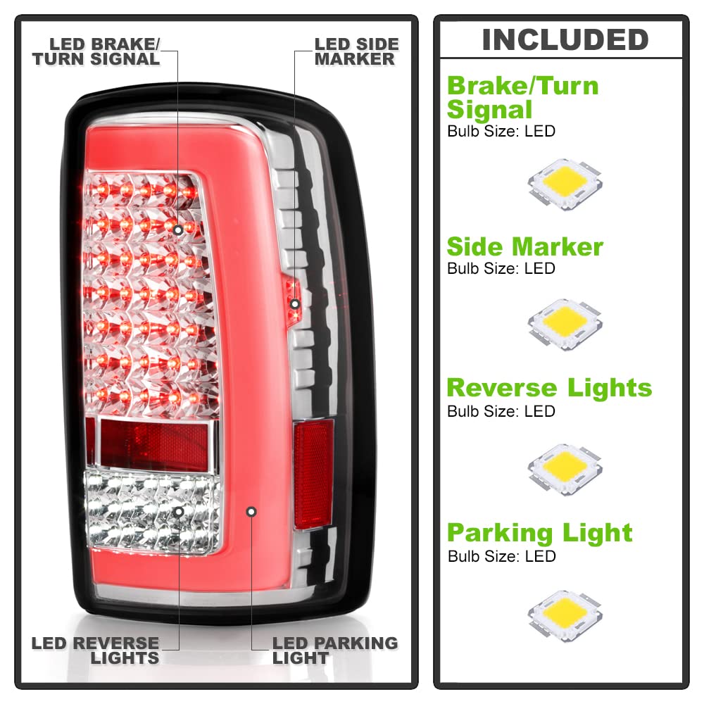 ACANII Chrome LED Tube Tail Lights Brake Lamps Pair for 2000-2006 Chevy Suburban Tahoe GMC Yukon - Left+Right Replacement - Enhance Night Visibility & Style for SUVs