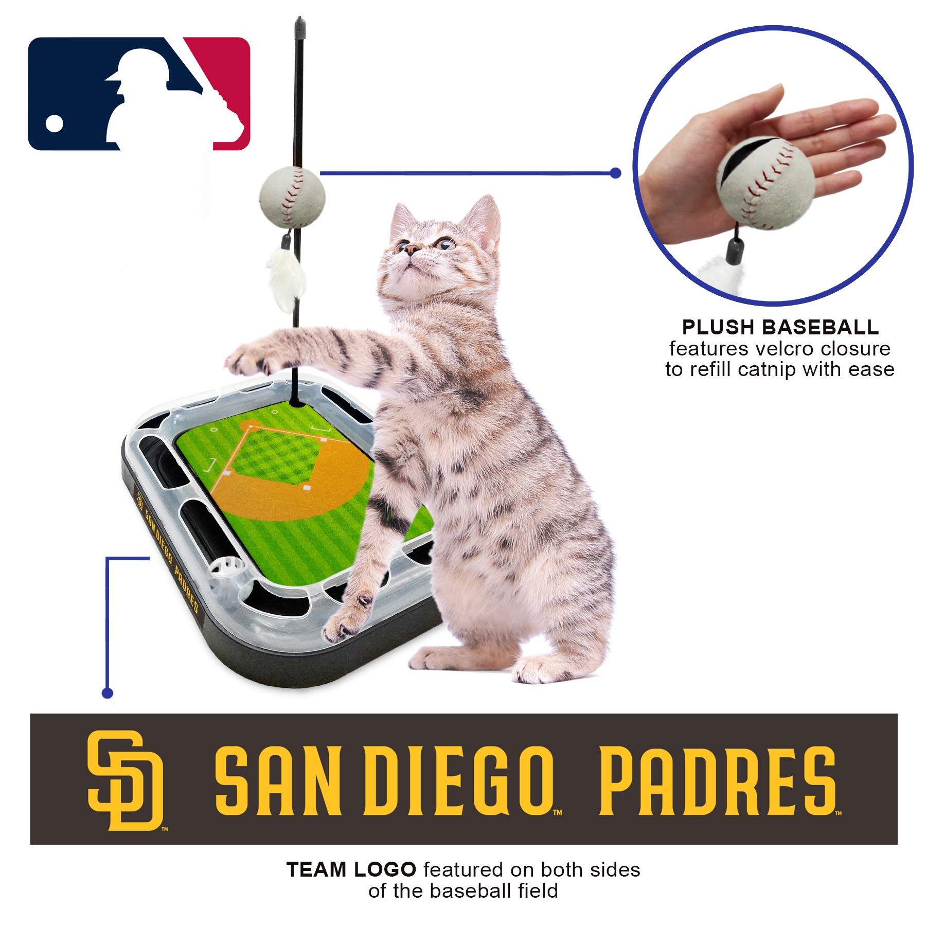 MLB San Diego Padres Baseball Field Cat Scratcher Toy - Interactive Cat Ball Bell & 5-in-1 Cat Toy Set with Wand, Catnip Plush Baseball & Feathers - Perfect for Playtime, Exercise & Indoor Entertainment for Cats