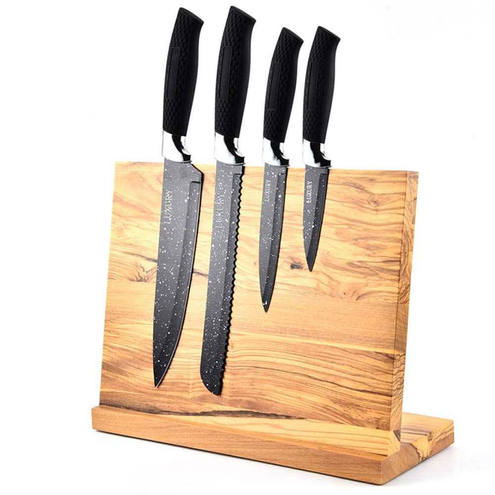 Olive Wood Magnetic Knife Block Holder - Premium Kitchen Knife Storage Organizer for Countertops | Natural Wood Knife Stand with Strong Magnets | Perfect for Home Chefs & Kitchen Organization