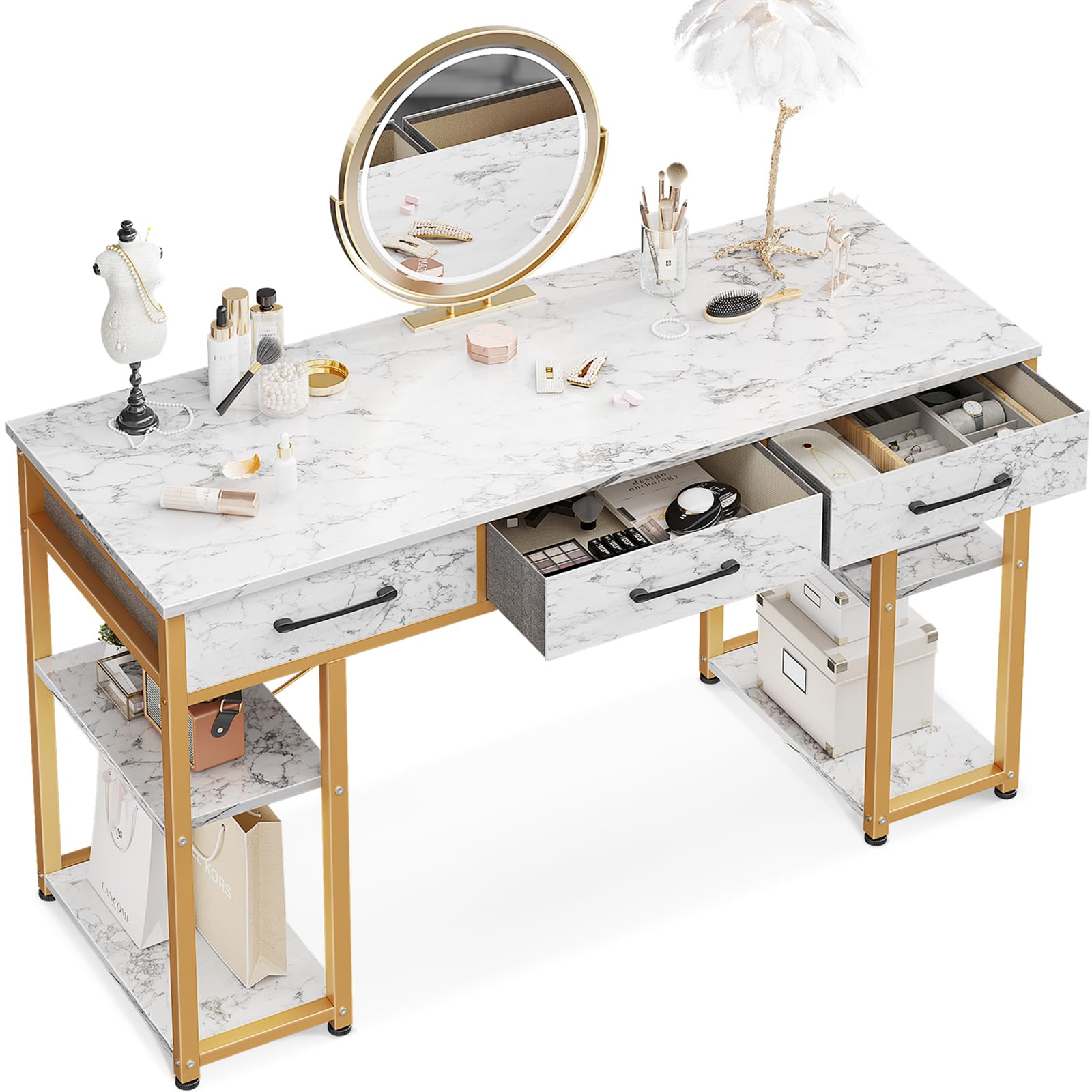 ODK White and Gold Vanity Desk with 3 Fabric Drawers & Storage Shelves, 48