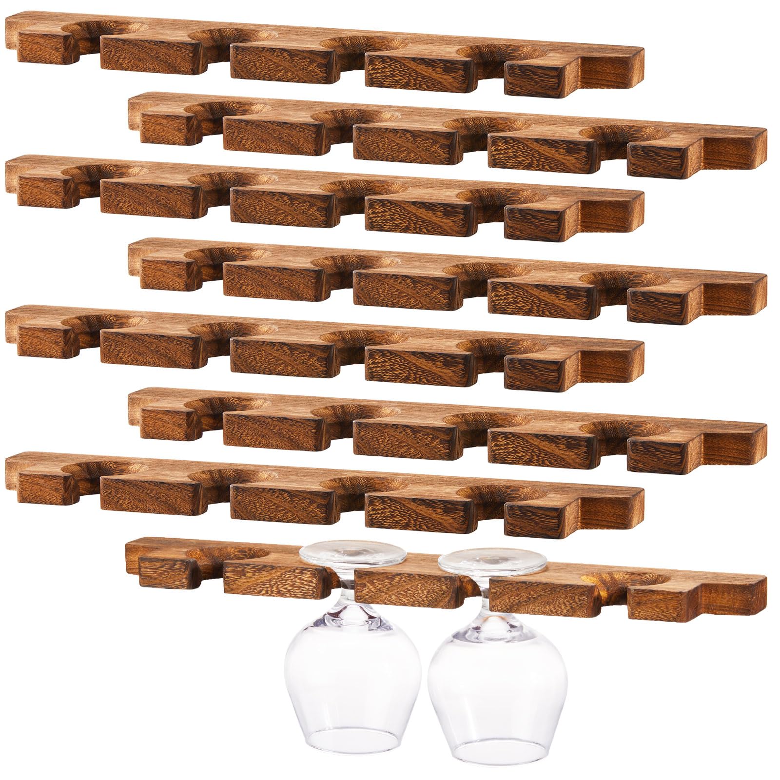 Rustic Wooden Wall Mounted Wine Glass Holder - Stemware Rack & Champagne Glass Organizer for Kitchen, Bar - Floating Shelf for Glassware Storage (8 Pcs, 17 x 3 x 0.8 Inch) - Perfect for Home Decor, Entertaining Guests & Halloween Party Setup