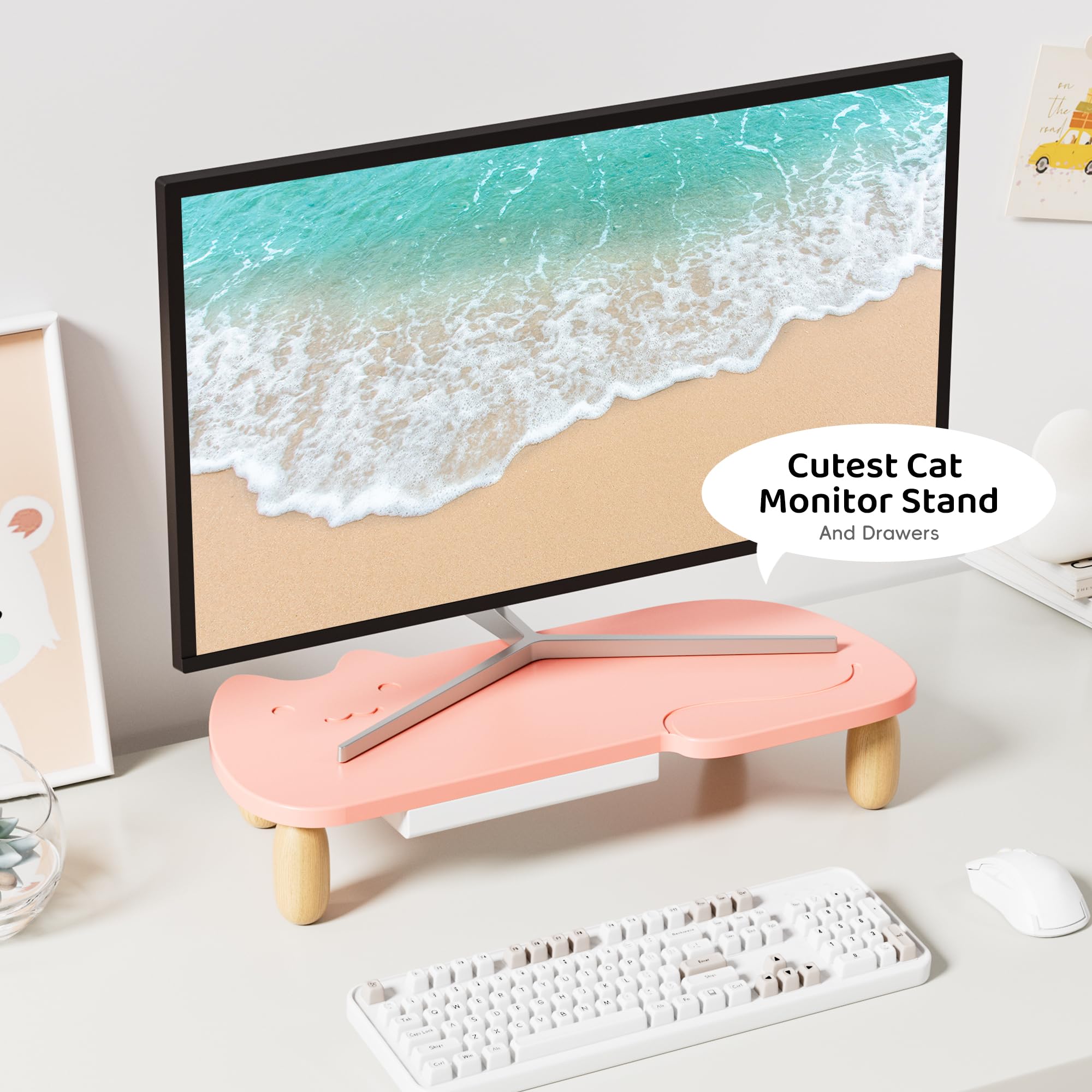 Cat-Shaped Wood Monitor Stand Riser - Sturdy Multi-Purpose Desktop Organizer for Computer, Laptop, Printer & TV (Pink) - Perfect for Home Office & Workspace Organization