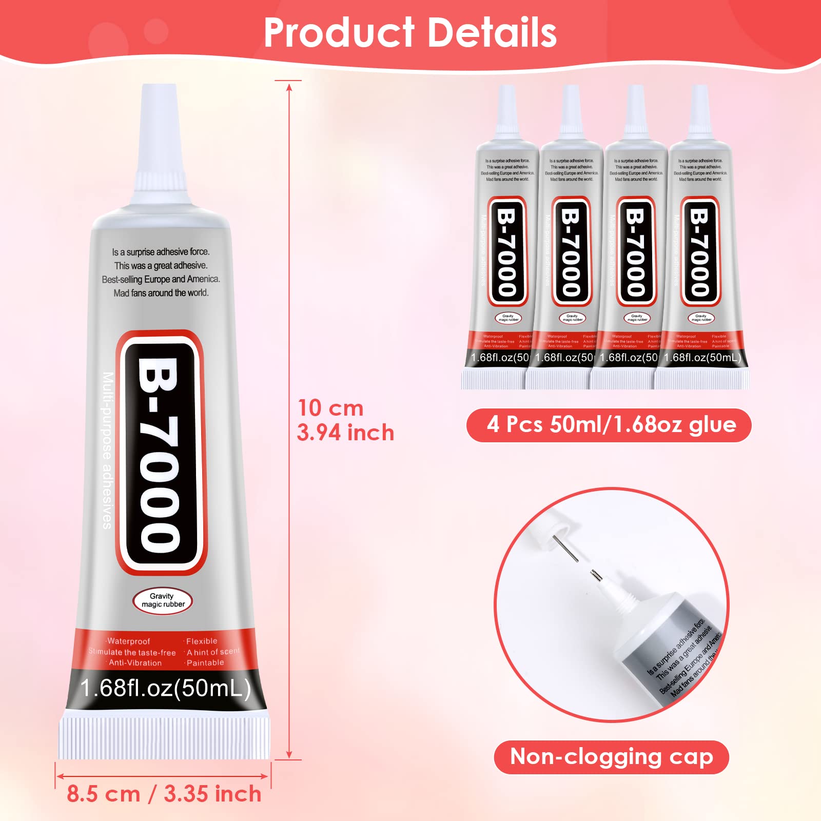4 PCS 50ML B7000 Super Strong Clear Glue - Multipurpose Flexible Adhesive for DIY Jewelry, Rhinestones, Beads, Fabric, Shoes & Phone Screen Repair - Perfect for Crafts, Nail Art & Home Fixing Projects