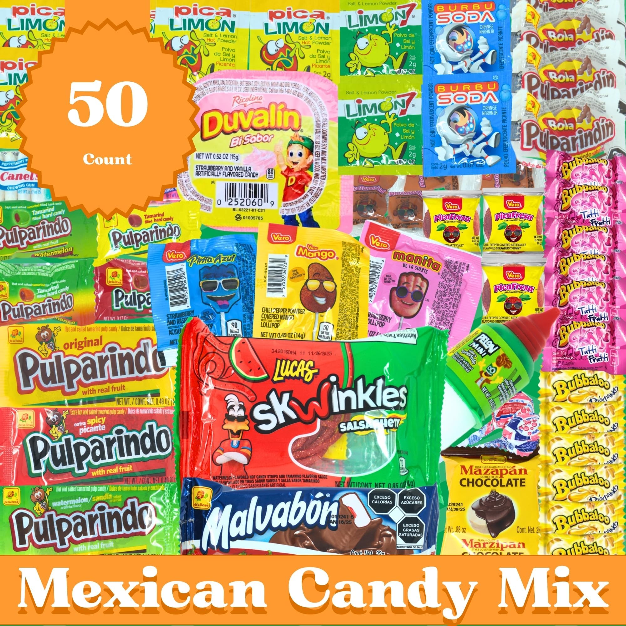 Authentic Mexican Candy Variety Pack - 50 Pieces of Dulces Mexicanos, Spicy Sweet & Sour Assortment with Vero, Lucas & Pulparindo | Perfect for Fiesta Parties, Birthday Gifts & Mexican Snack Lovers