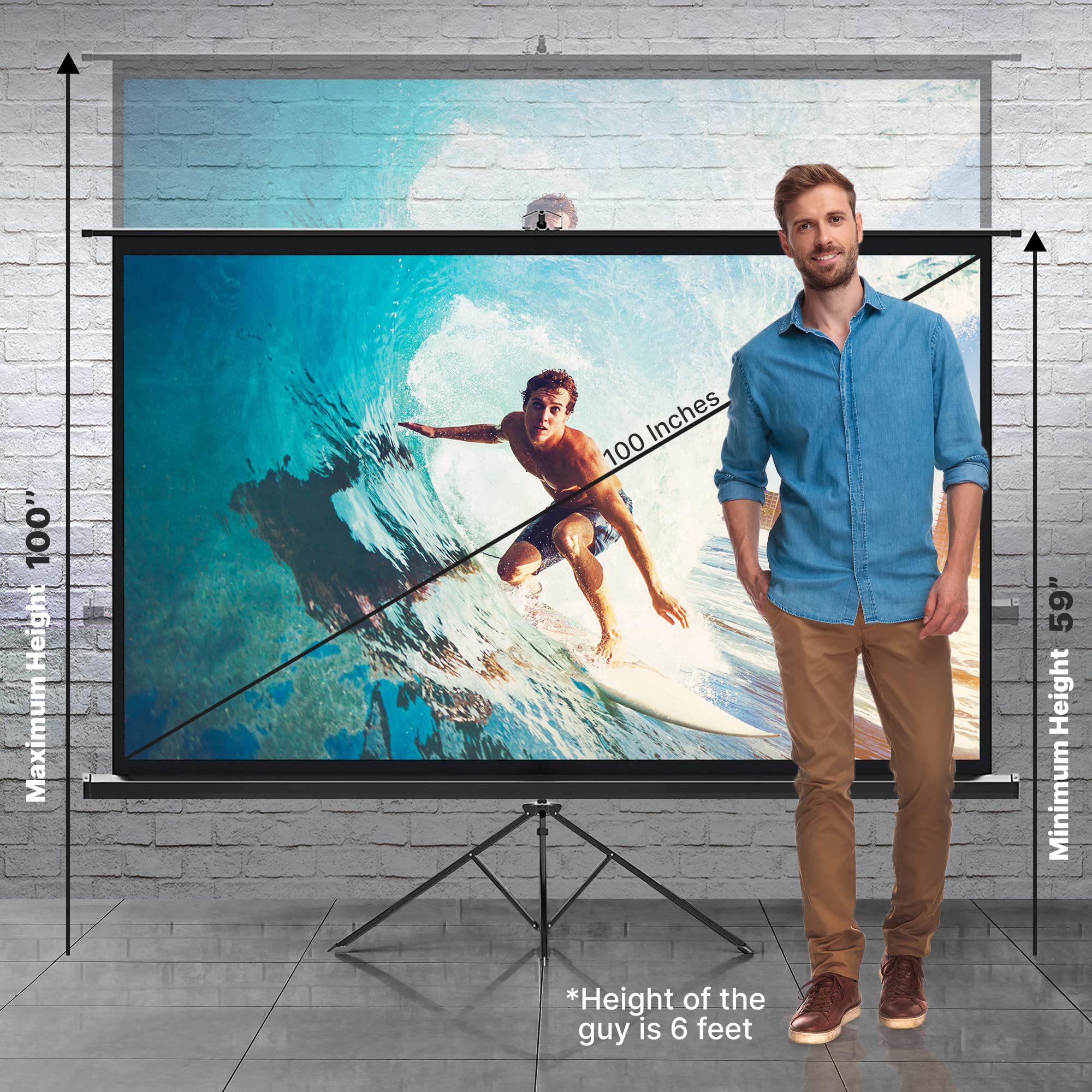 Pyle 100-Inch Portable Projector Screen with Stand - Foldable Floor Standing Matte White Screen for Indoor & Outdoor Presentations, Includes Tripod for Quick Assembly - Perfect for Home Theater, Office Meetings, and Backyard Movie Nights