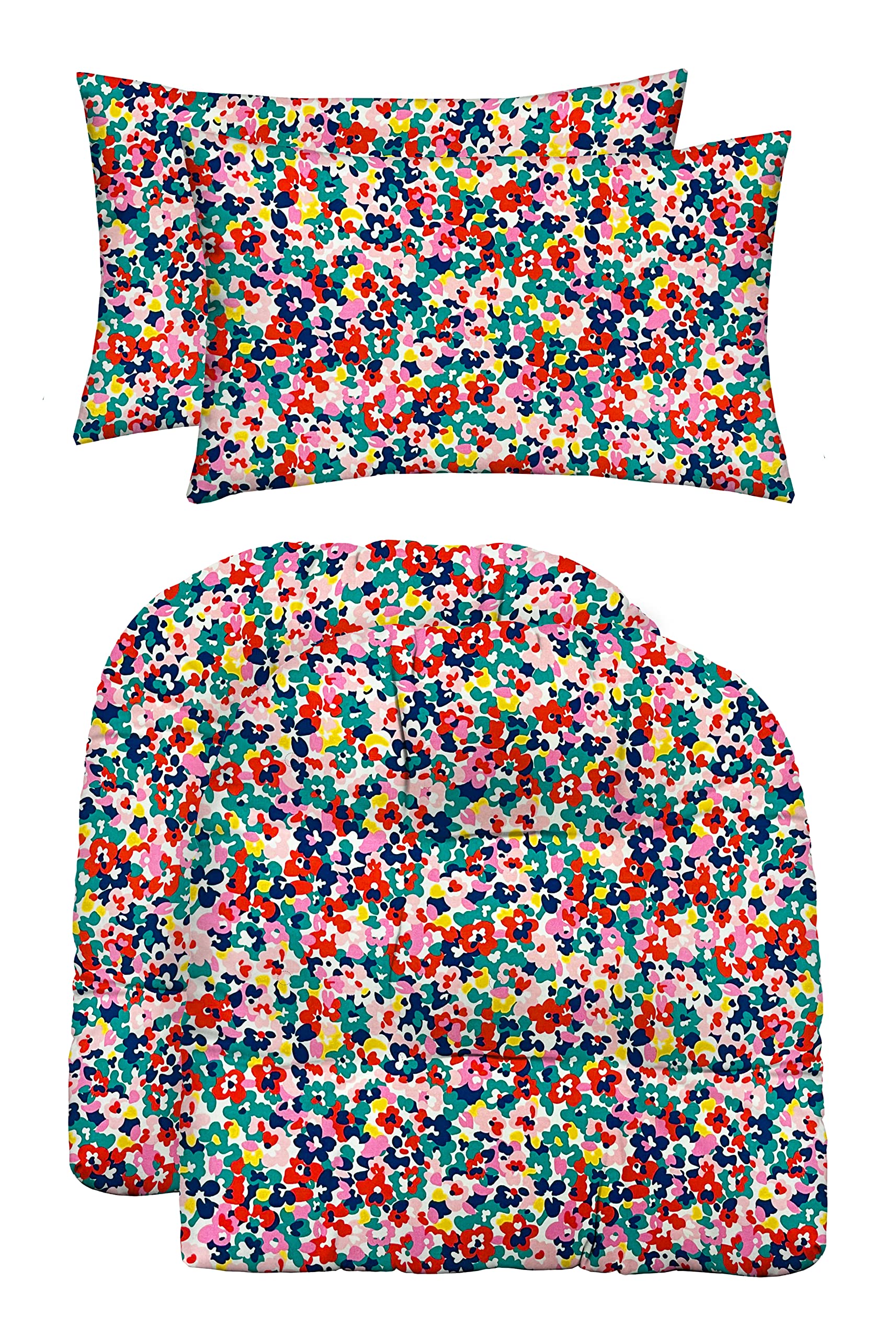 Tufted U-Shaped & Lumbar Pillow Set of 4 - 19x19 & 20x12 Inch Waterproof Outdoor Cushions - Cranston Multi Floral Wicker Patio Furniture Pillows for Garden, Poolside & Deck Comfort