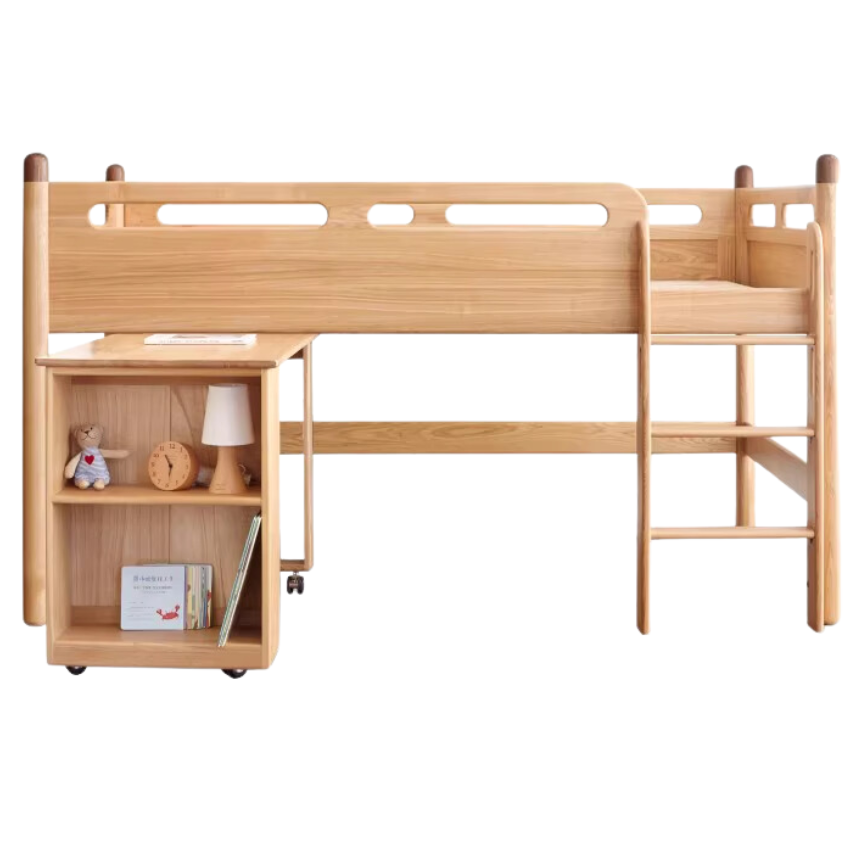 Natural Wood Color Ladder style oak mid-high bed  movable desk1