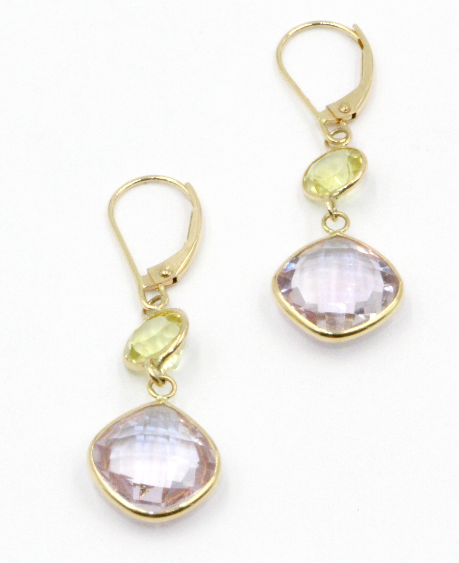14K Yellow Gold Pink Amethyst & Lemon Quartz Drop Earrings - Dainty Leverback Hanging Earrings for Women, Perfect for Weddings, Parties & Special Occasions