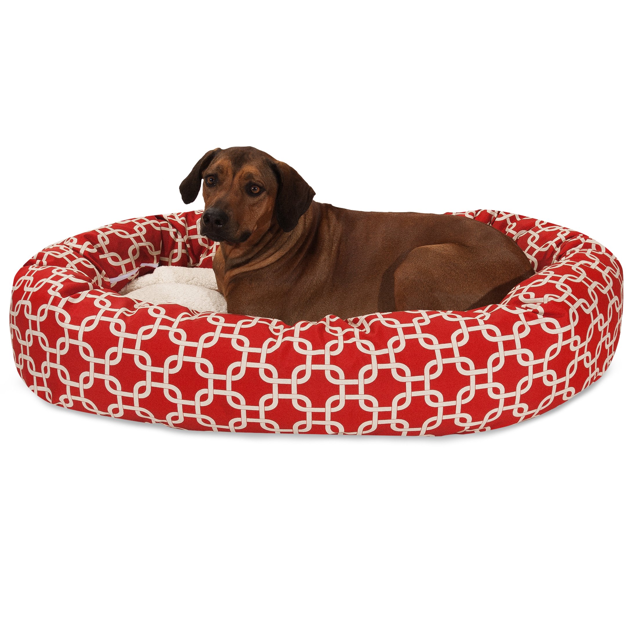 Majestic Pet 52 Inch Large Round Sherpa Calming Dog Bed - Washable, Ultra Soft & Cozy Donut Design with Head Support Spine - Fluffy Orthopedic Pet Bed for Medium to Large Dogs (52x35x11 Inches, Red) - Perfect for Living Room, Bedroom or Crate Comfort
