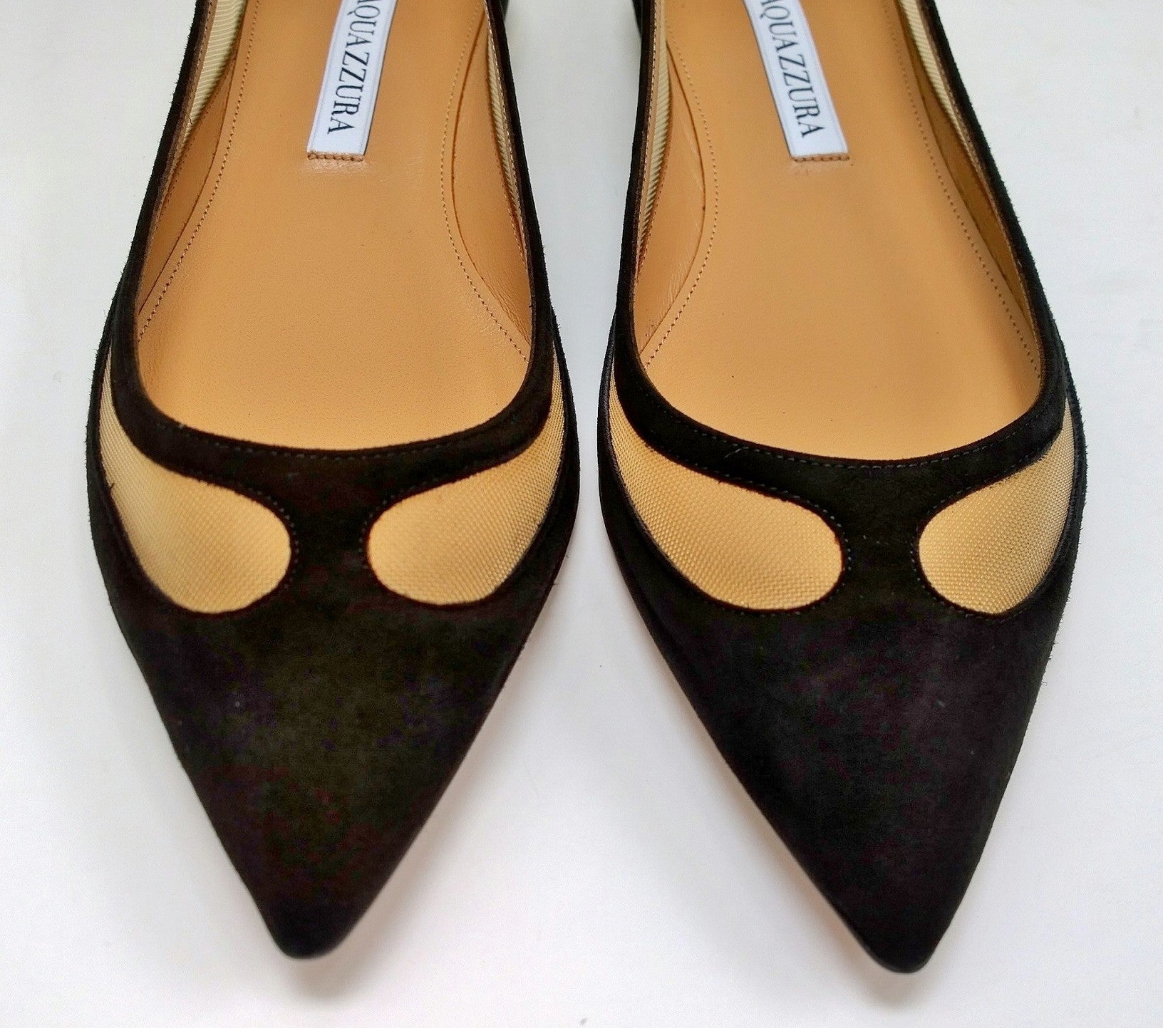 Aquazzura Amal Black Suede and Mesh Cutout Pointy Toe Flats - Women's Luxury Designer Shoes for Work, Party & Evening Wear