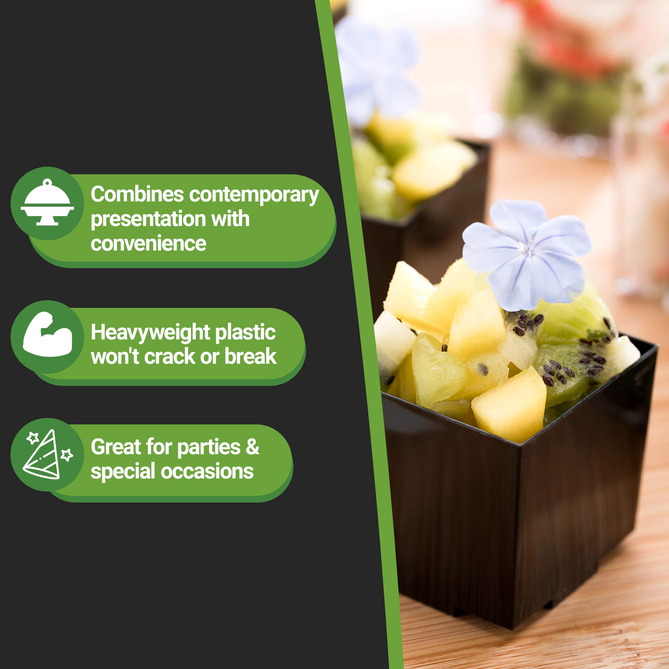 Restaurantware 3oz Mini Dessert Cups - 100-Pack Square Small Appetizer Cups | Heavy-Duty Disposable Black Plastic Parfait Cups for Mousse, Pudding, Snacks & Samples | Perfect for Weddings, Parties & Catering Events