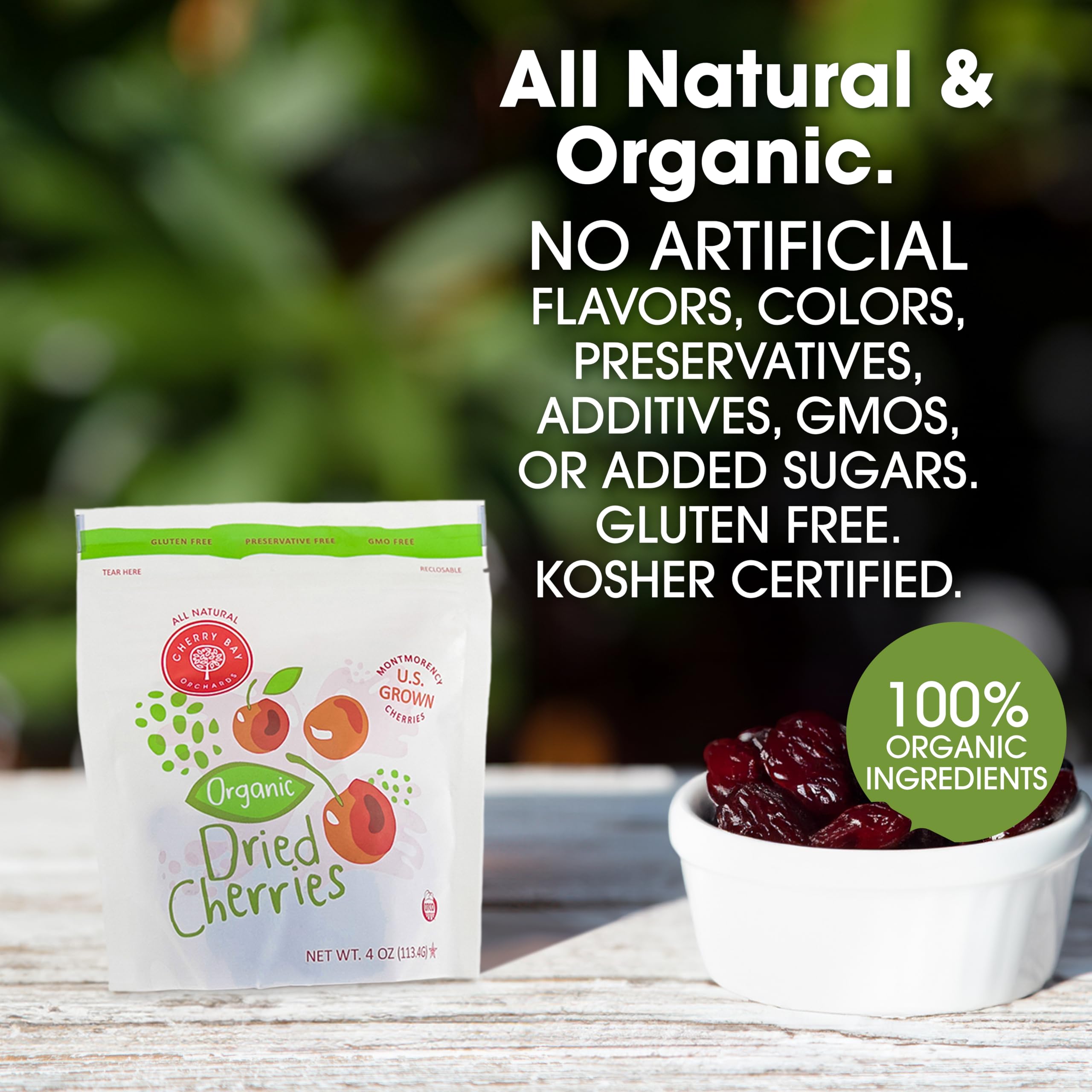 Organic Dried Montmorency Cherries by Cherry Bay Orchards - 4oz Resealable Pouch, US Grown, No Pesticides, Non-GMO, Gluten Free, USDA Certified - Perfect for Baking, Snacking & Trail Mixes