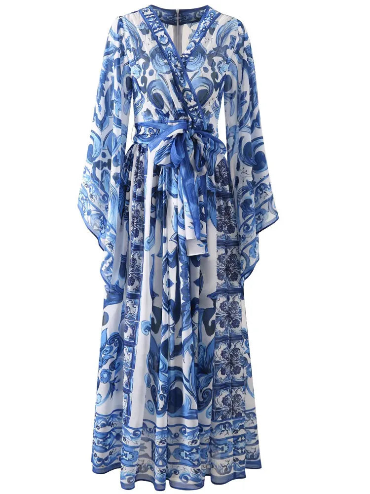 Elegant Blue and White Porcelain Floral Maxi Dress for Women - Long Sleeve Floral Print Summer & Autumn Dress - Perfect for Weddings, Parties, and Casual Outings