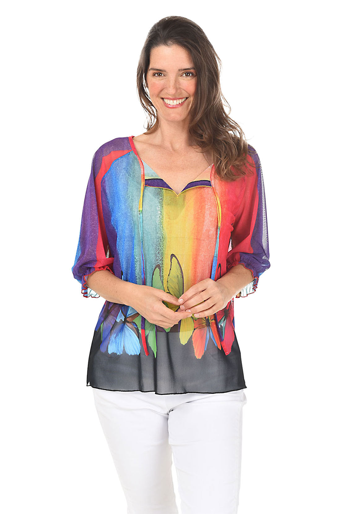 Bright Butterflies Ruffle Sleeve Mesh Top Women's Fashion Blouse - Perfect for Spring Outfits, Date Nights & Summer Parties