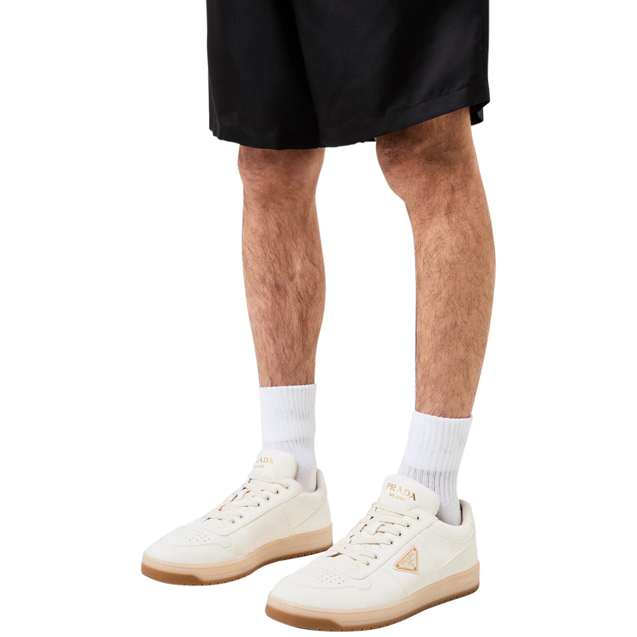 Prada Downtown Leather Low Top Sneakers for Women - White & Beige Casual Shoes | Perfect for Everyday Wear, Office & Outings
