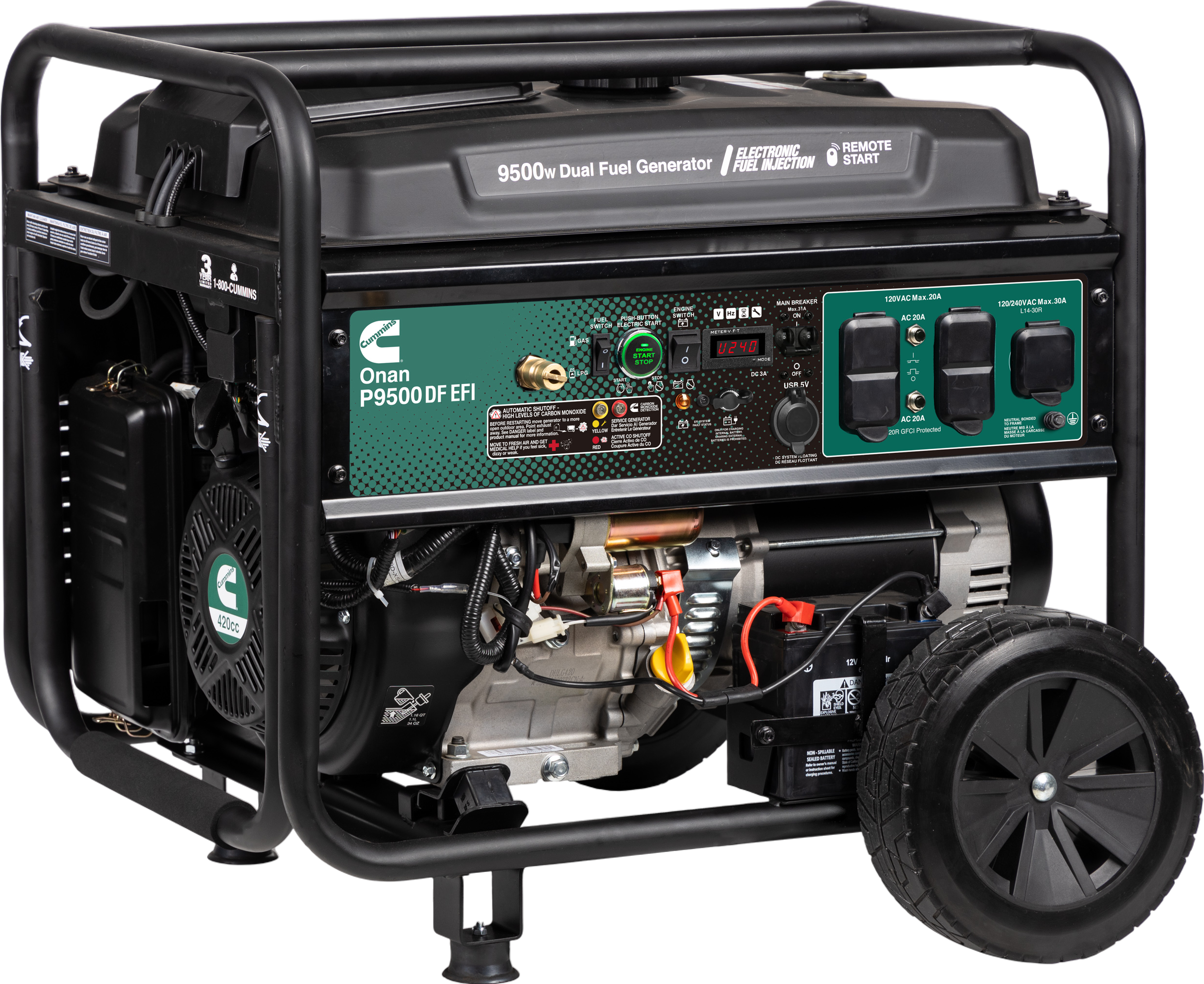 Cummins Onan P9500DF EFI 7500W/9500W Dual Fuel Generator - Gas & Propane Powered with CO Alert & Remote Start - Perfect for Home Backup Power & Outdoor Camping