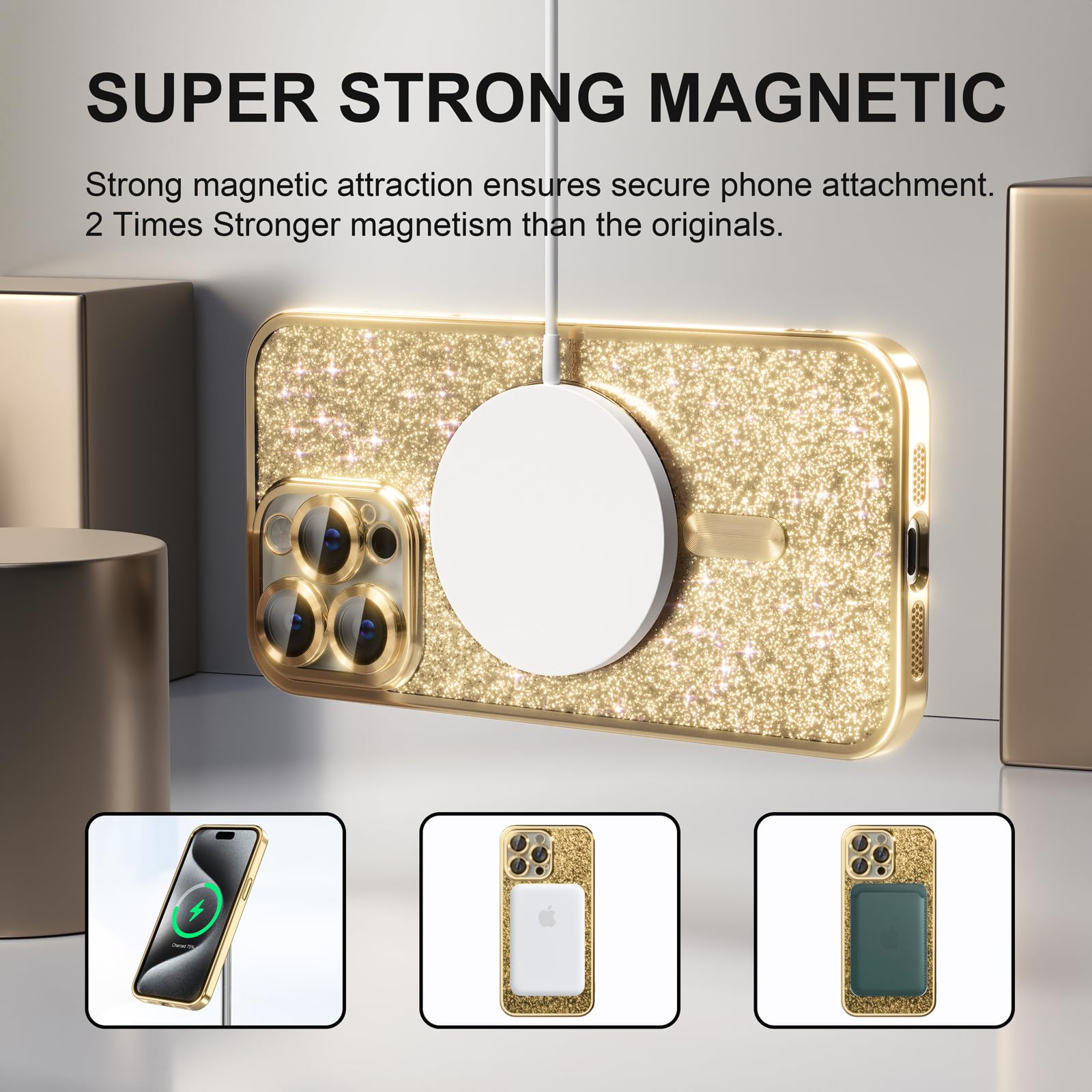 Misea Magnetic iPhone 15 Pro Max Case with MagSafe Compatibility | Military-Grade Drop Protection & Full Camera Lens Cover | Glitter Soft Phone Case for Women & Girls (Gold) | Perfect for Everyday Use, Travel & Outdoor Activities