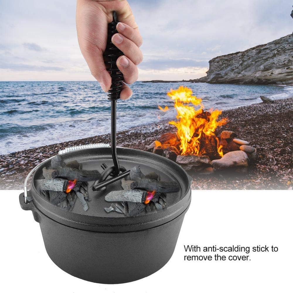 25cm Non-Stick Dutch Oven with Lid & Hook - Cast Iron Camping Cookware for Outdoor BBQ, Camping & Backpacking - Perfect for Stews, Baking & Open-Fire Cooking