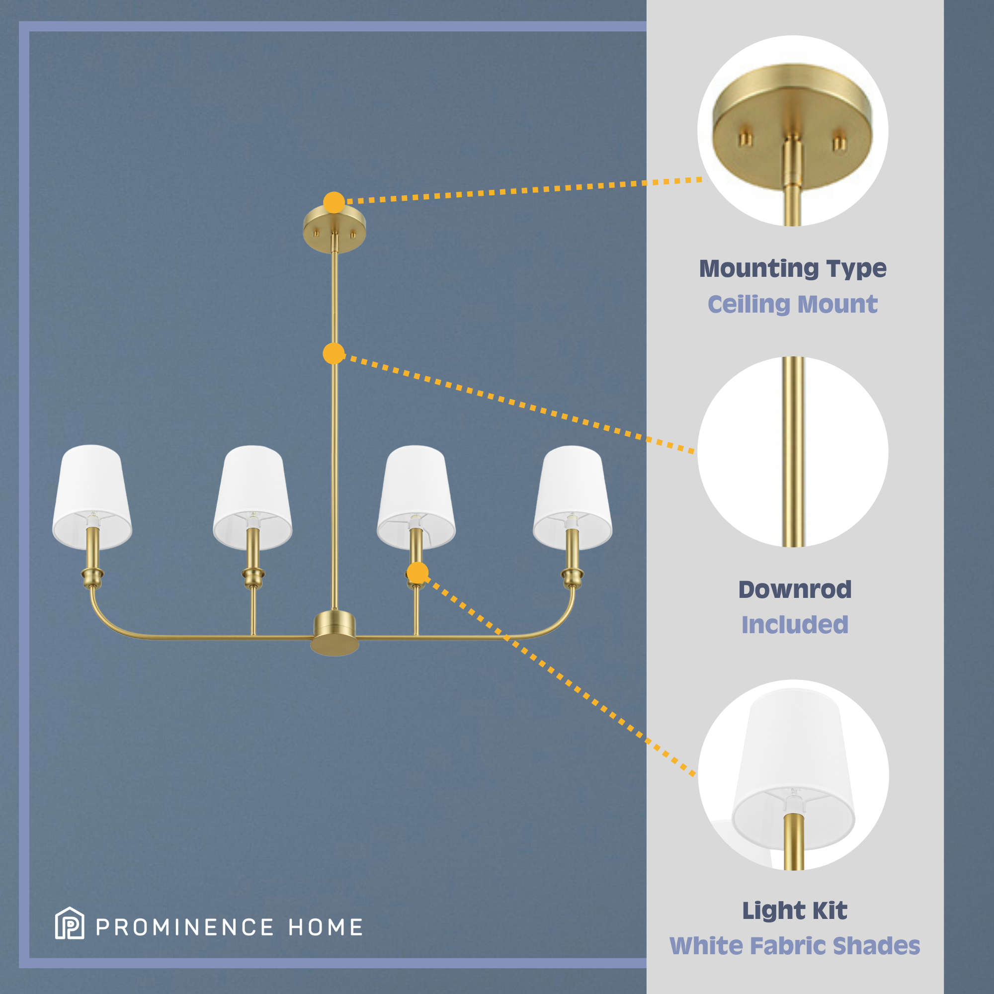 4-Light Billet Linear Chandelier with Brushed Gold Finish & Fabric Shades - Modern Dining Room Pendant Lighting for Kitchen Island, Bedroom or Entryway