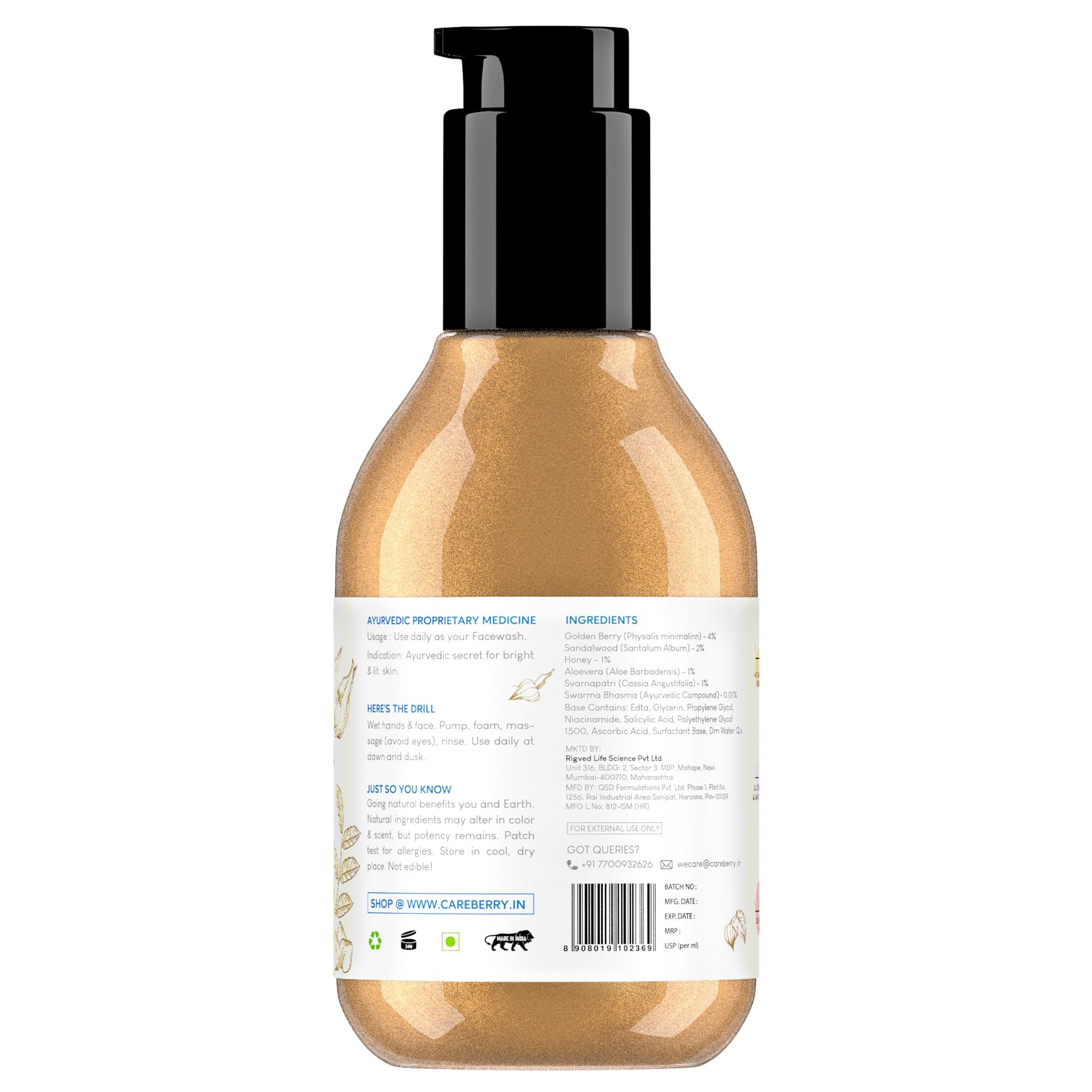 Careberry Golden Berry & Gold Dust Face Wash - Ayurvedic Brightening Cleanser with Hyaluronic Acid, Niacinamide & Salicylic Acid | Anti-Pollution, AYUSH Certified | For Glowing Skin (Men & Women, 100ml) | Perfect for Daily Skincare Routine & Pollution Protection
