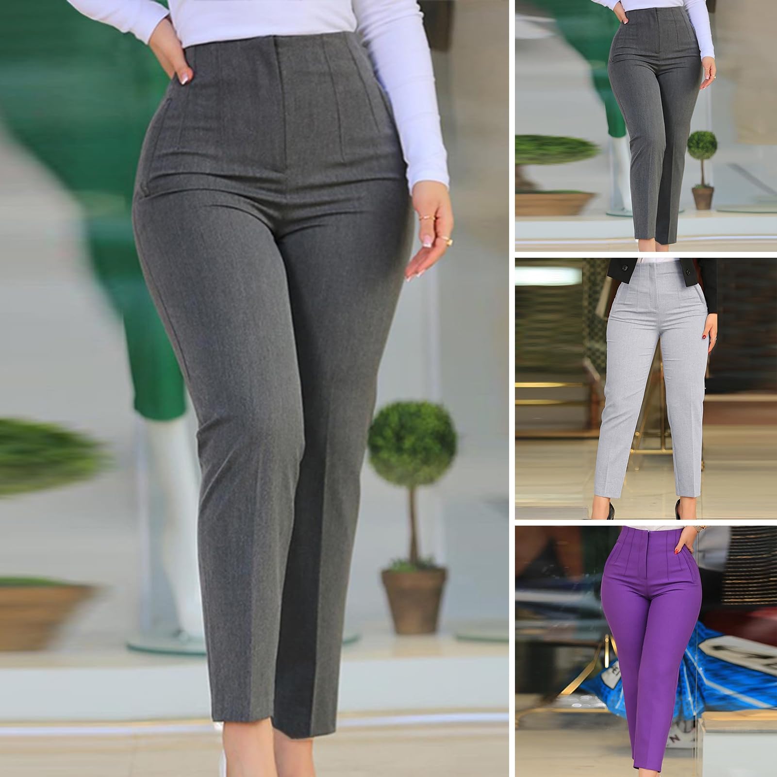 High Waist Pleated Office Pants for Women - Solid Color Straight Leg Work Trousers with Pockets, 9th Length - Perfect for Business Casual, Office Wear & Professional Outfits