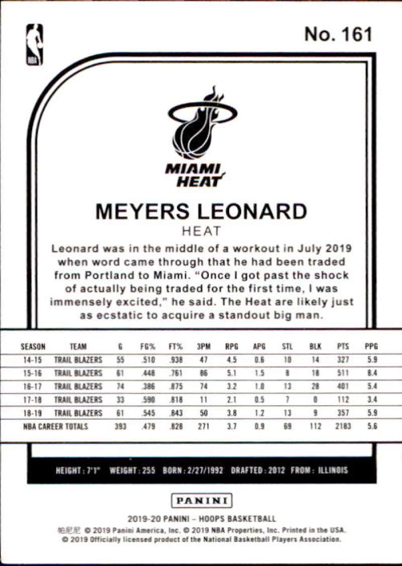 2019-20 Panini NBA Hoops #161 Meyers Leonard Miami Heat Basketball Trading Card - Perfect for NBA Collectors, Sports Memorabilia Enthusiasts & Card Investors