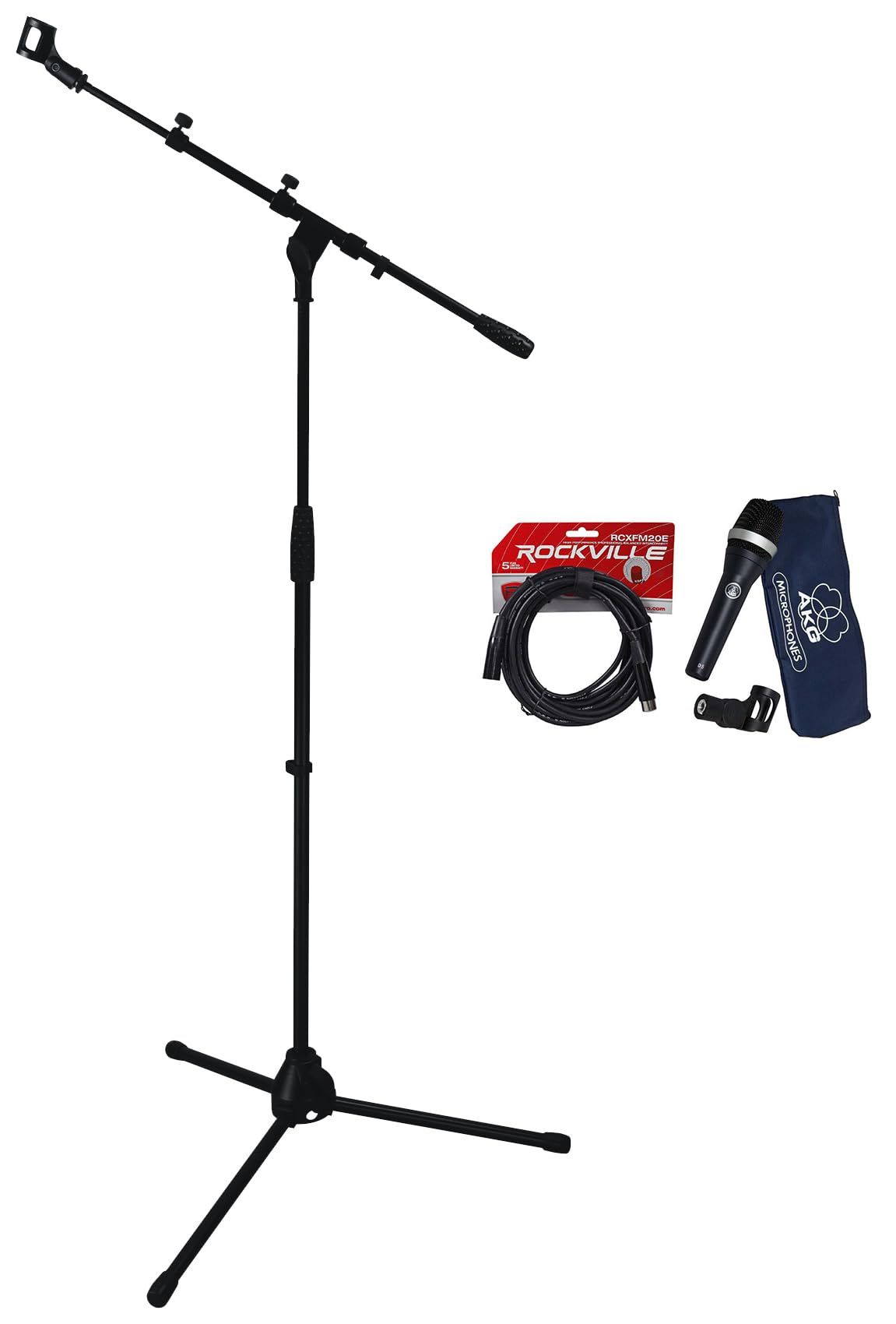 AKG D5 Supercardioid Dynamic Vocal Microphone with Shockmount - Professional Handheld Mic for Live Singing, Studio Recording & Podcasting - Includes Rockville RCXFM20E XLR Cable & RVMIC1 Boom Mic Stand with Tripod Base - Perfect for Stage Performances, Home Studios & Karaoke Nights