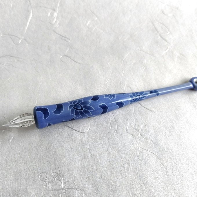 Imari Yaki Japanese Glass Dip Pen - Blue Flower Pattern Handmade Calligraphy Pen for Ink Writing & Art | Perfect for Lettering, Sketching, and Gift Giving