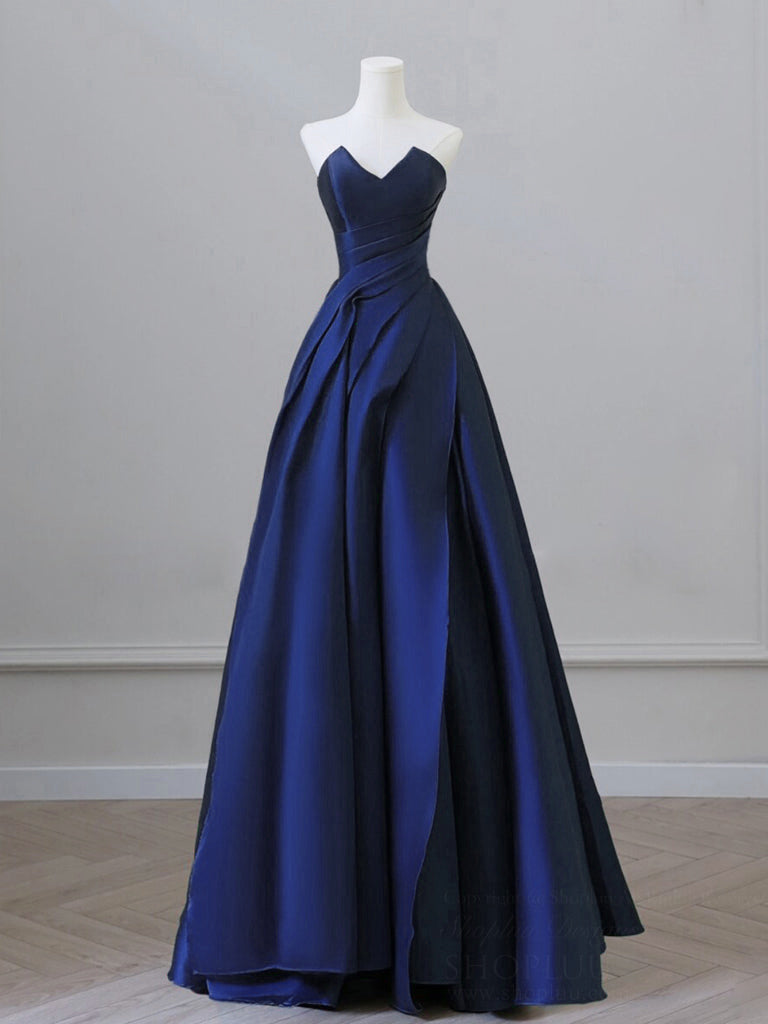 Elegant A-Line V-Neck Satin Dark Blue Long Prom Dress | Formal Evening Gown for Homecoming, Wedding & Special Occasions